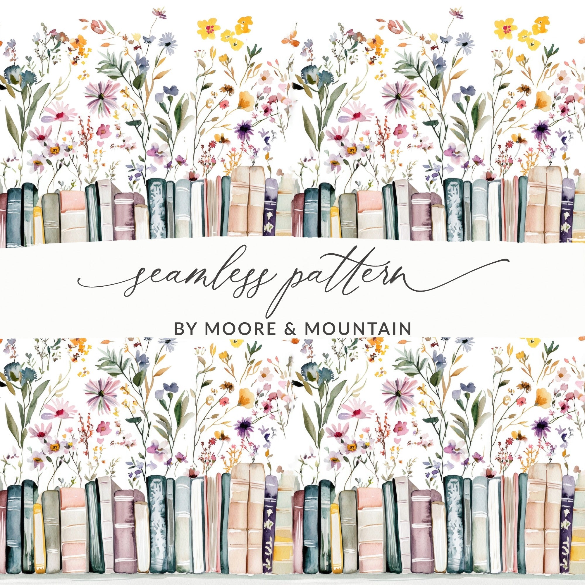 Floral Bookshelf Digital Paper, Seamless Wildflower Pattern, Book Lover Background, Watercolor Flower Design, Reading Nook Decor, Digital - Moore and Mountain