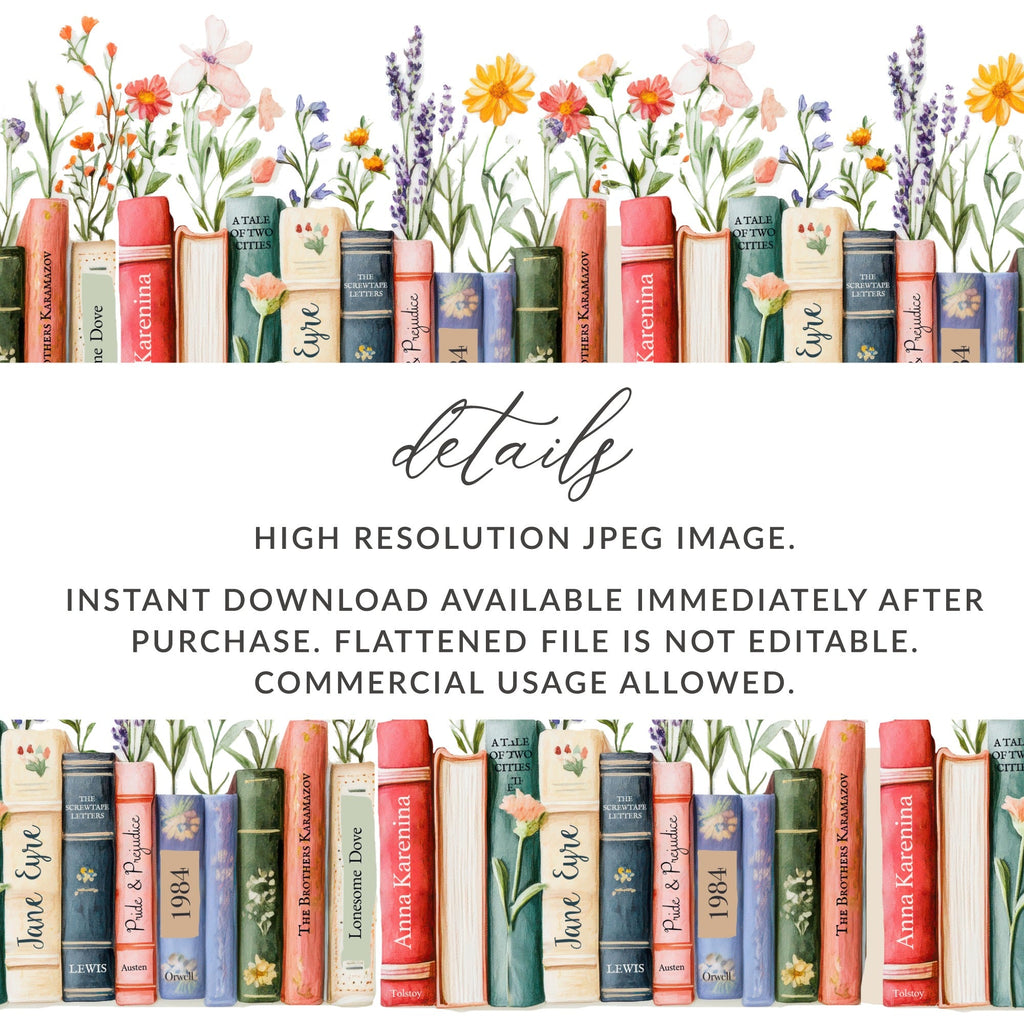 Floral Bookshelf Seamless Pattern Digital Paper, Watercolor Book Spine Art, Classic Novel Design, JPEG Download, Reader Gift, Two Scales - Moore and Mountain