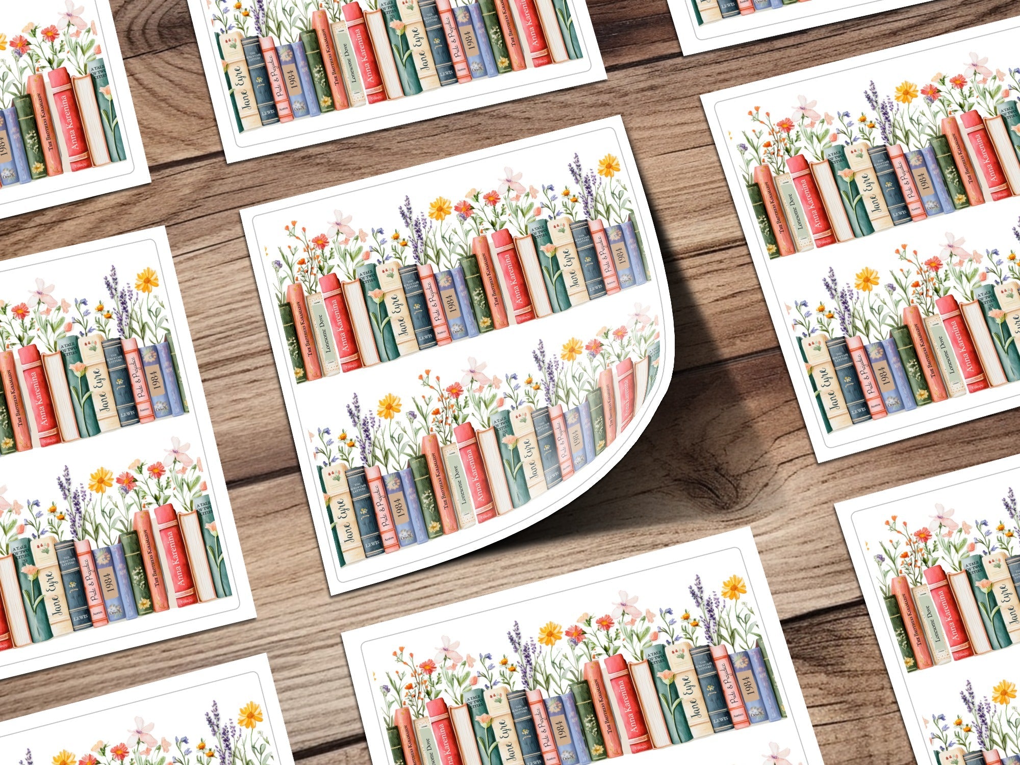 Floral Bookshelf Seamless Pattern Digital Paper, Watercolor Book Spine Art, Classic Novel Design, JPEG Download, Reader Gift, Two Scales - Moore and Mountain