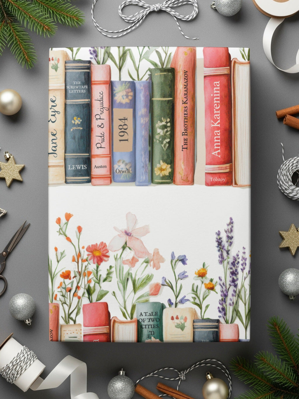 Floral Bookshelf Seamless Pattern Digital Paper, Watercolor Book Spine Art, Classic Novel Design, JPEG Download, Reader Gift, Two Scales - Moore and Mountain