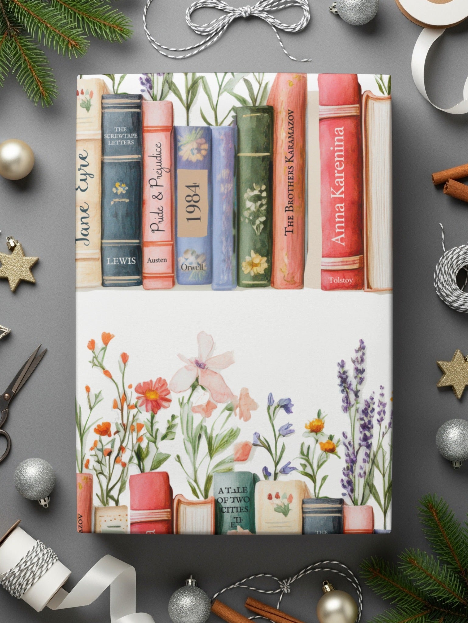 Floral Bookshelf Seamless Pattern Digital Paper, Watercolor Book Spine Art, Classic Novel Design, JPEG Download, Reader Gift, Two Scales - Moore and Mountain