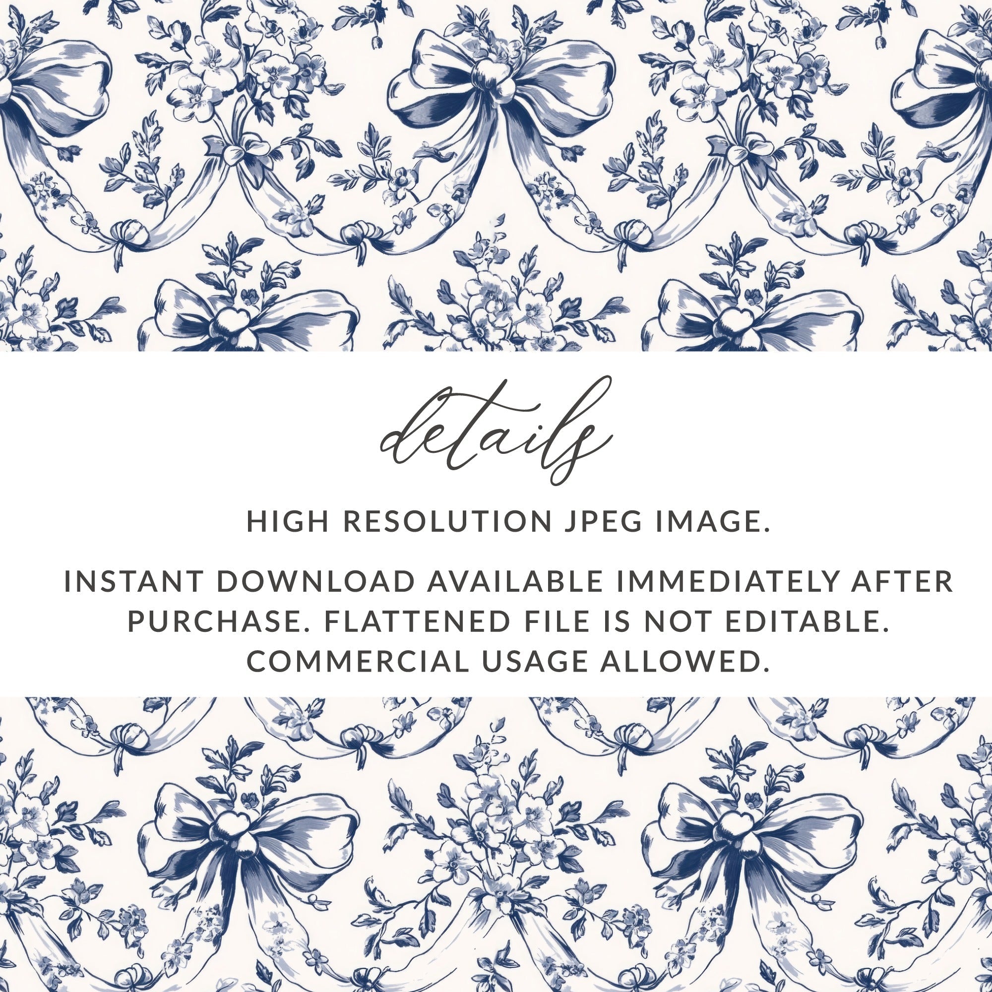 Floral Bow Digital Paper, Seamless Pattern, Chinoiserie Fabric Design, Blue White Print, Tileable Background, Scrapbook Paper, Digital - Moore and Mountain