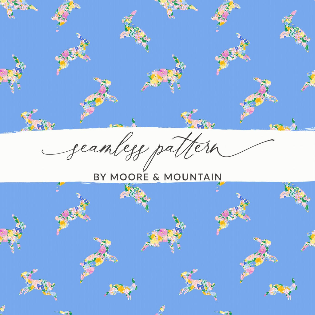 Floral Bunny Digital Paper, Seamless Rabbit Pattern, Spring Easter Design, Pastel Blue Background, Cute Animal Print, Digital Download - Moore and Mountain