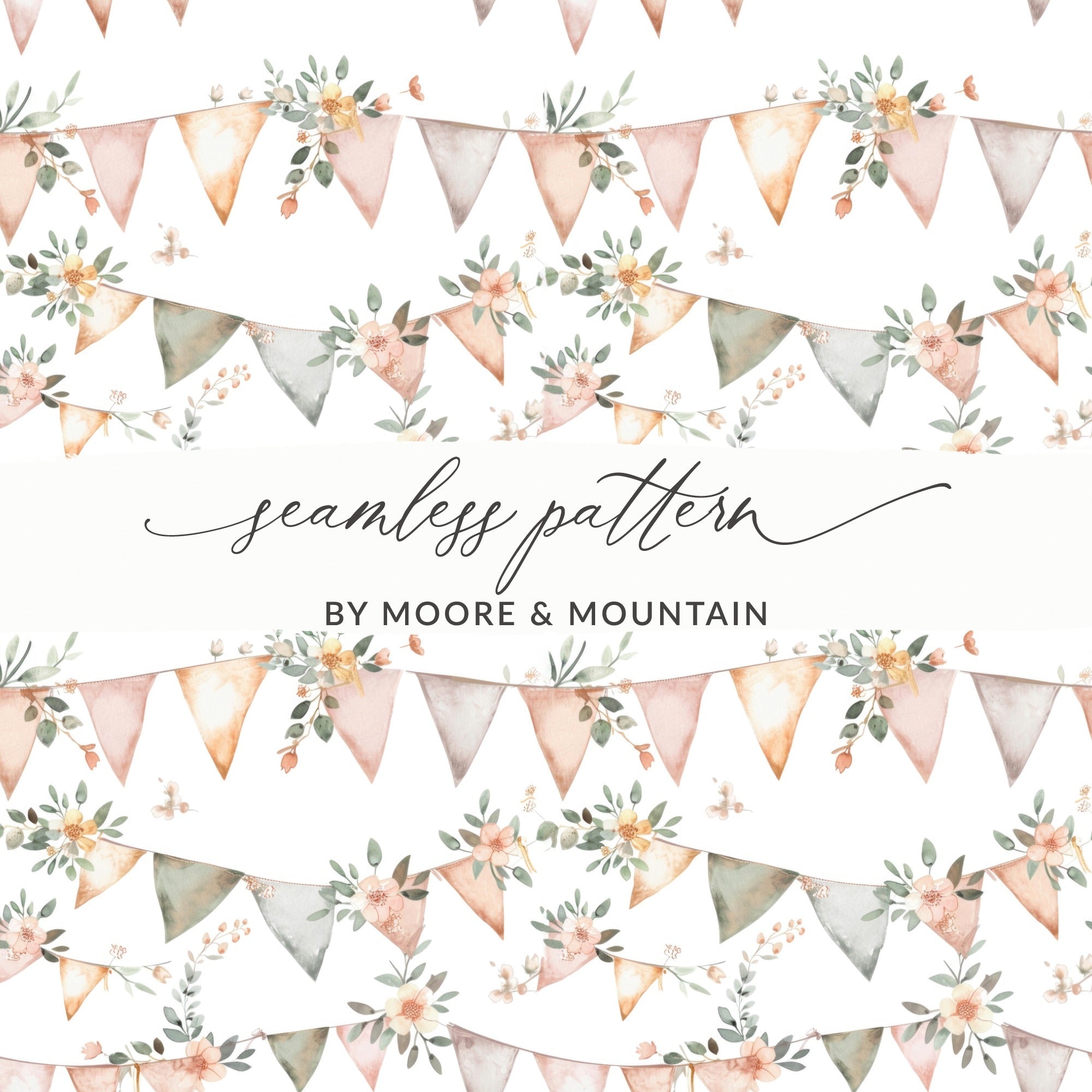Floral Bunting Seamless Pattern, Watercolor Pennant Flags Digital Paper, Party Decoration Printable Backdrop, Girl Nursery Download - Moore and Mountain
