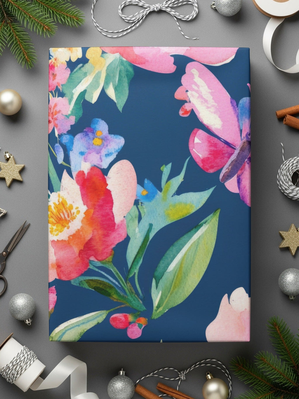 Floral Butterfly Seamless Digital, Watercolor Flowers Pattern, Fabric Design, Scrapbooking Paper, Navy Background, Digital Paper - Moore and Mountain