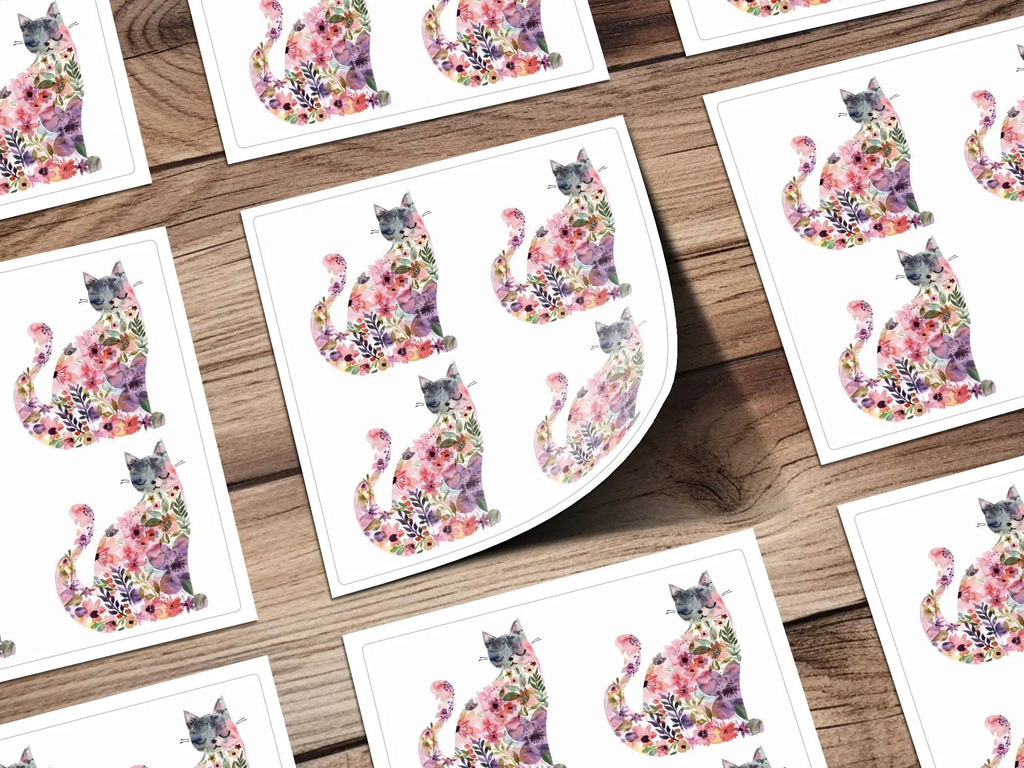 Floral Cat Digital Paper, Seamless Pattern, Watercolor Kitten Art, 12x12 JPEG, Commercial Use, Print on Demand, Cat Lover Gift - Moore and Mountain