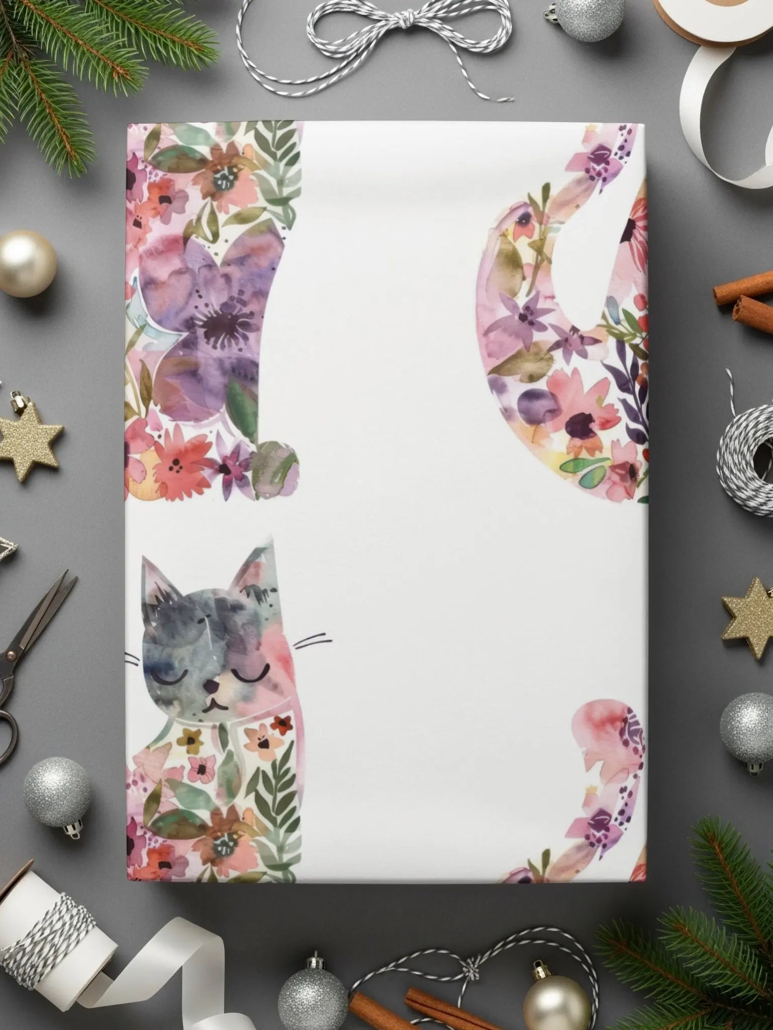 Floral Cat Digital Paper, Seamless Pattern, Watercolor Kitten Art, 12x12 JPEG, Commercial Use, Print on Demand, Cat Lover Gift - Moore and Mountain