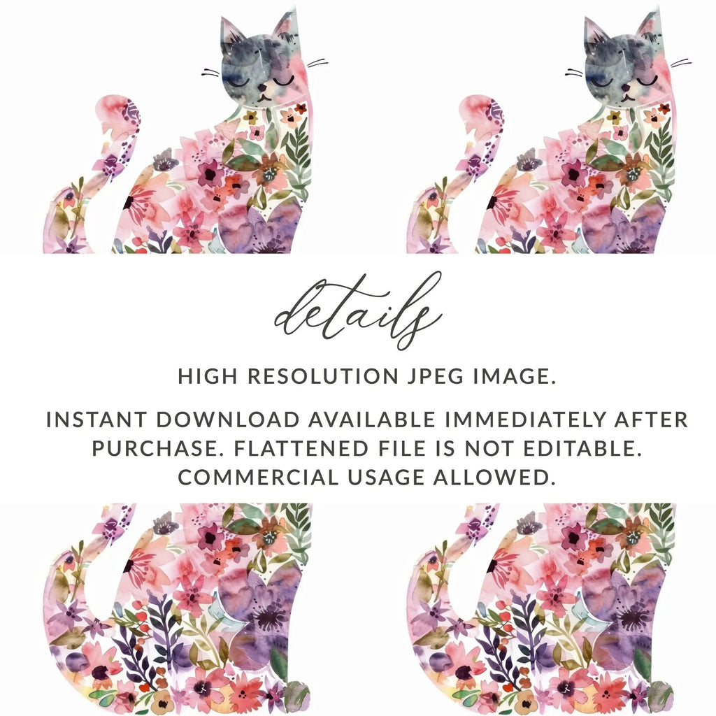 Floral Cat Digital Paper, Seamless Pattern, Watercolor Kitten Art, 12x12 JPEG, Commercial Use, Print on Demand, Cat Lover Gift - Moore and Mountain