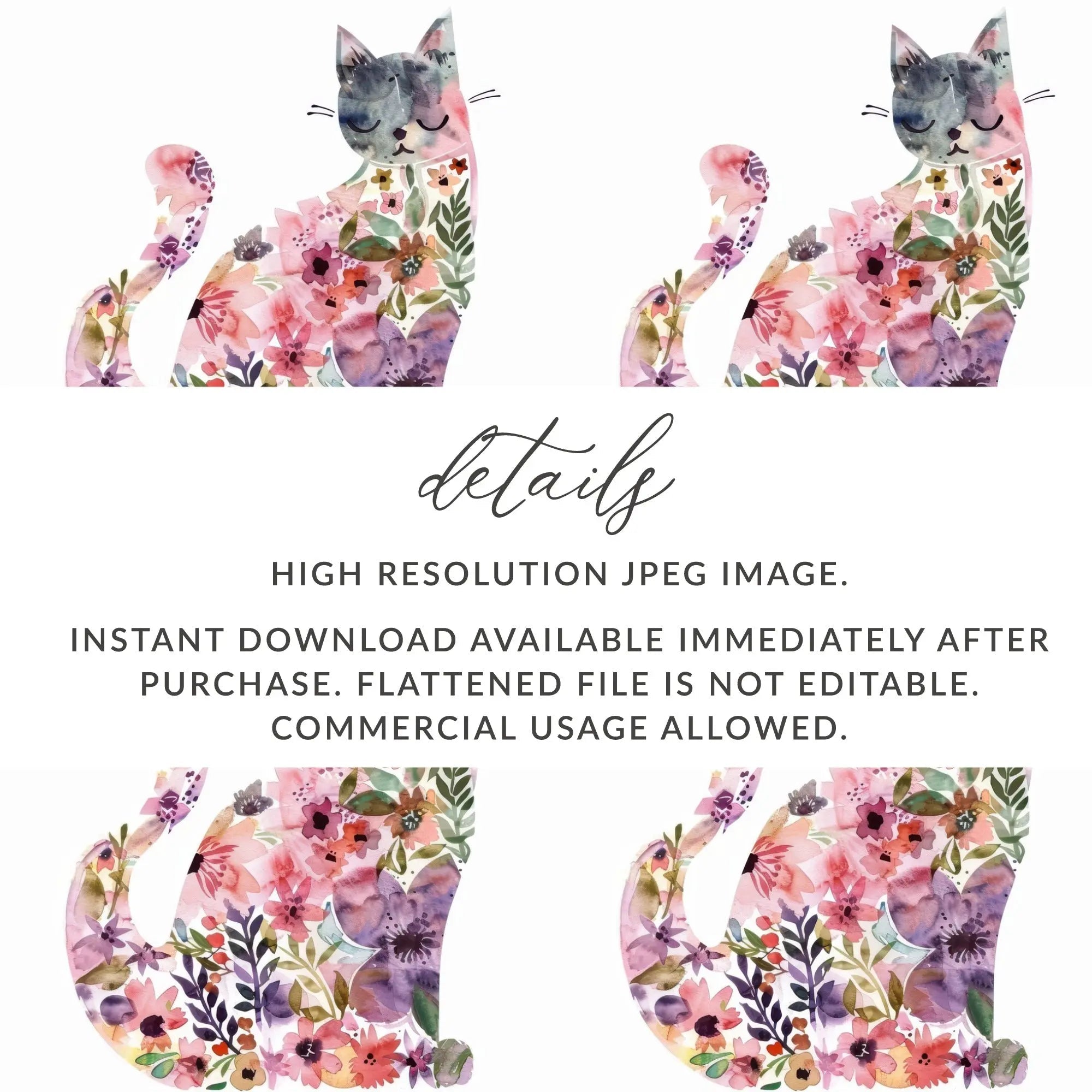Floral Cat Digital Paper, Seamless Pattern, Watercolor Kitten Art, 12x12 JPEG, Commercial Use, Print on Demand, Cat Lover Gift - Moore and Mountain