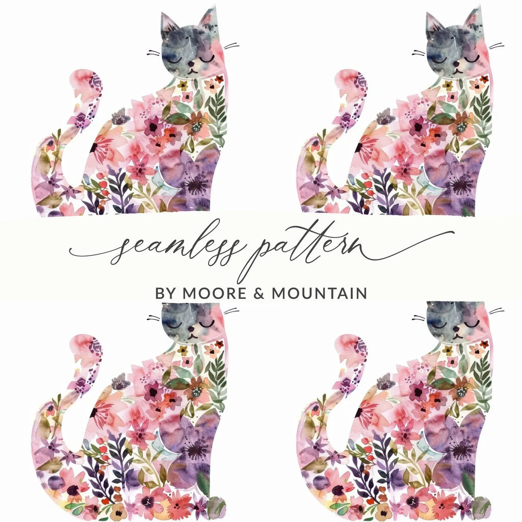Floral Cat Digital Paper, Seamless Pattern, Watercolor Kitten Art, 12x12 JPEG, Commercial Use, Print on Demand, Cat Lover Gift - Moore and Mountain