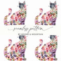 Floral Cat Digital Paper, Seamless Pattern, Watercolor Kitten Art, 12x12 JPEG, Commercial Use, Print on Demand, Cat Lover Gift - Moore and Mountain