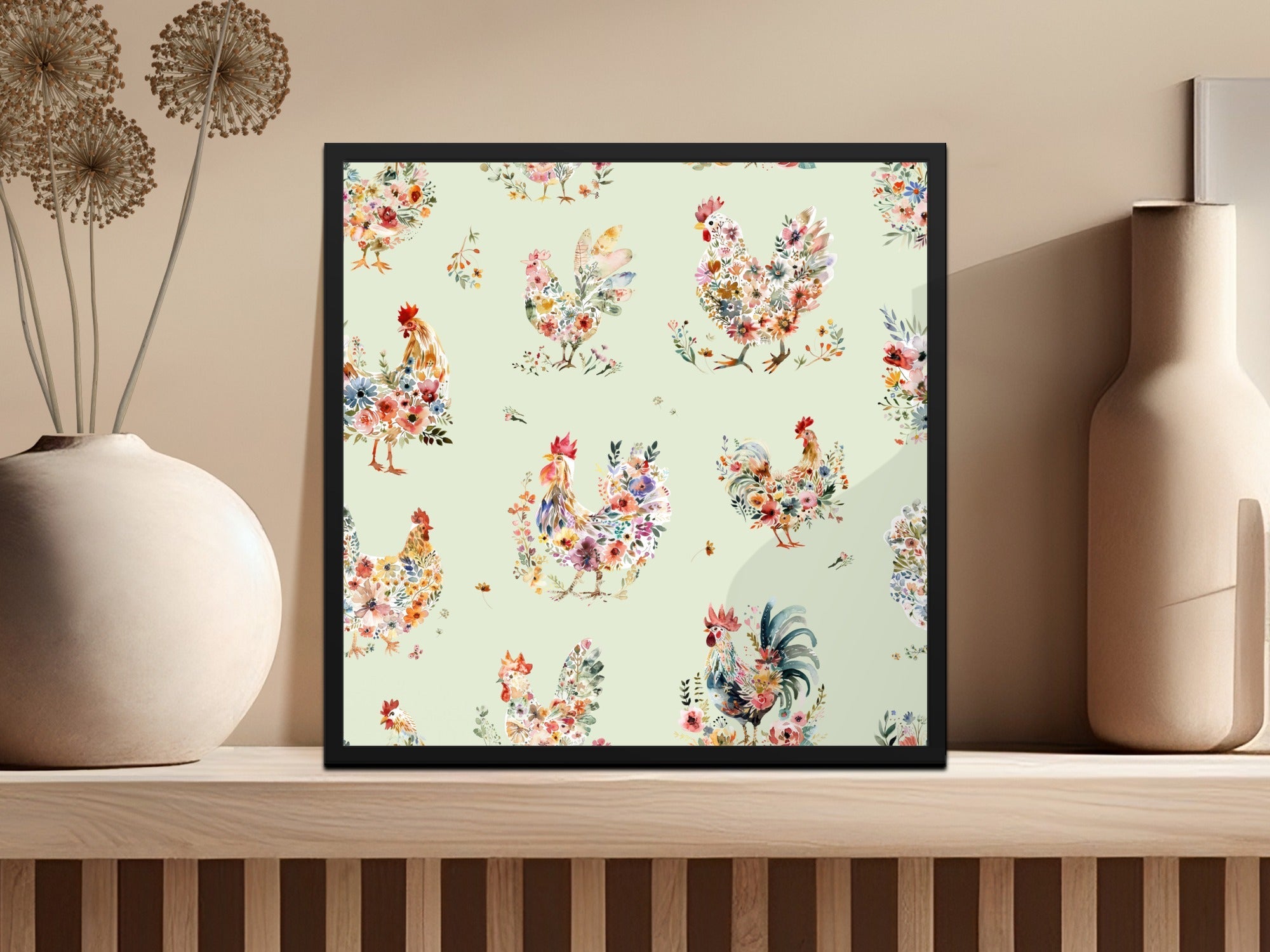Floral Chicken Seamless Digital Pattern, Watercolor Rooster Design, Farmhouse Animal Print for Fabric, Paper, Digital Download - Moore and Mountain