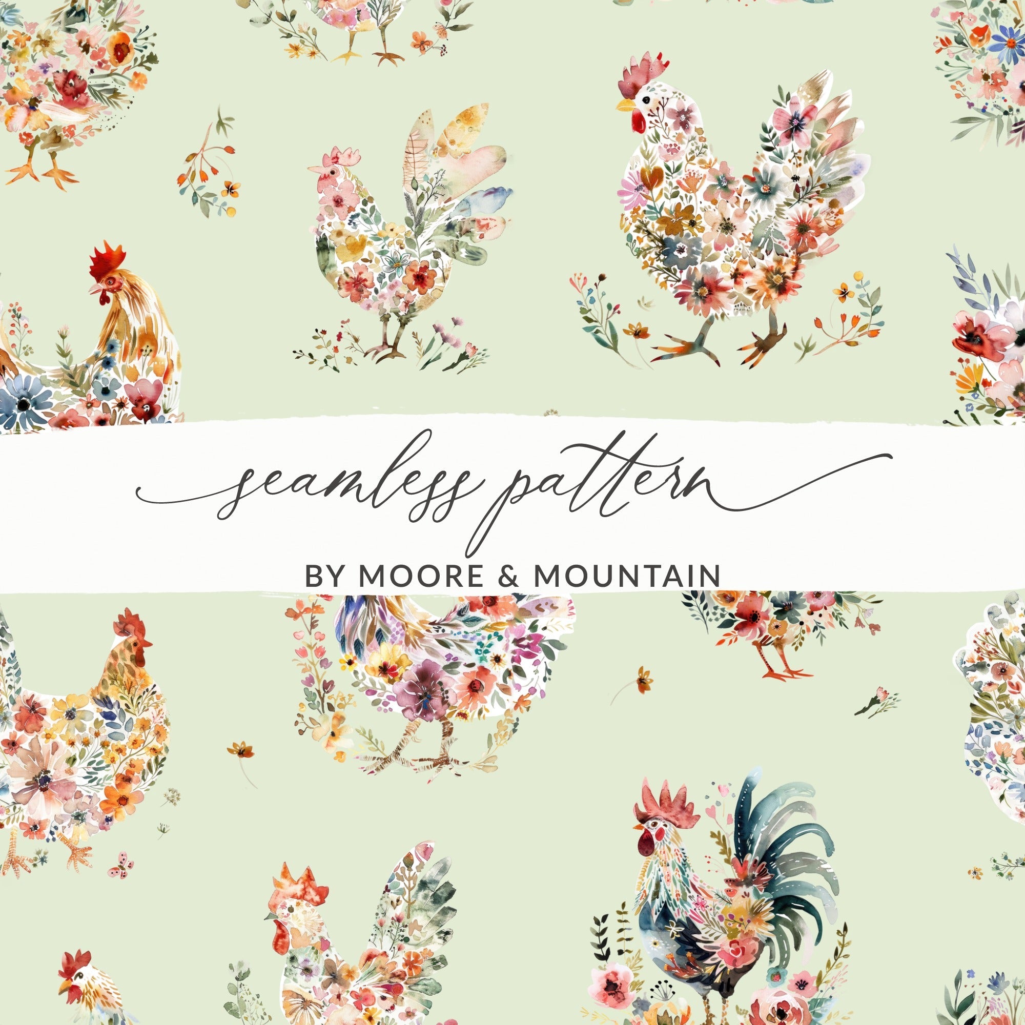 Floral Chicken Seamless Digital Pattern, Watercolor Rooster Design, Farmhouse Animal Print for Fabric, Paper, Digital Download - Moore and Mountain