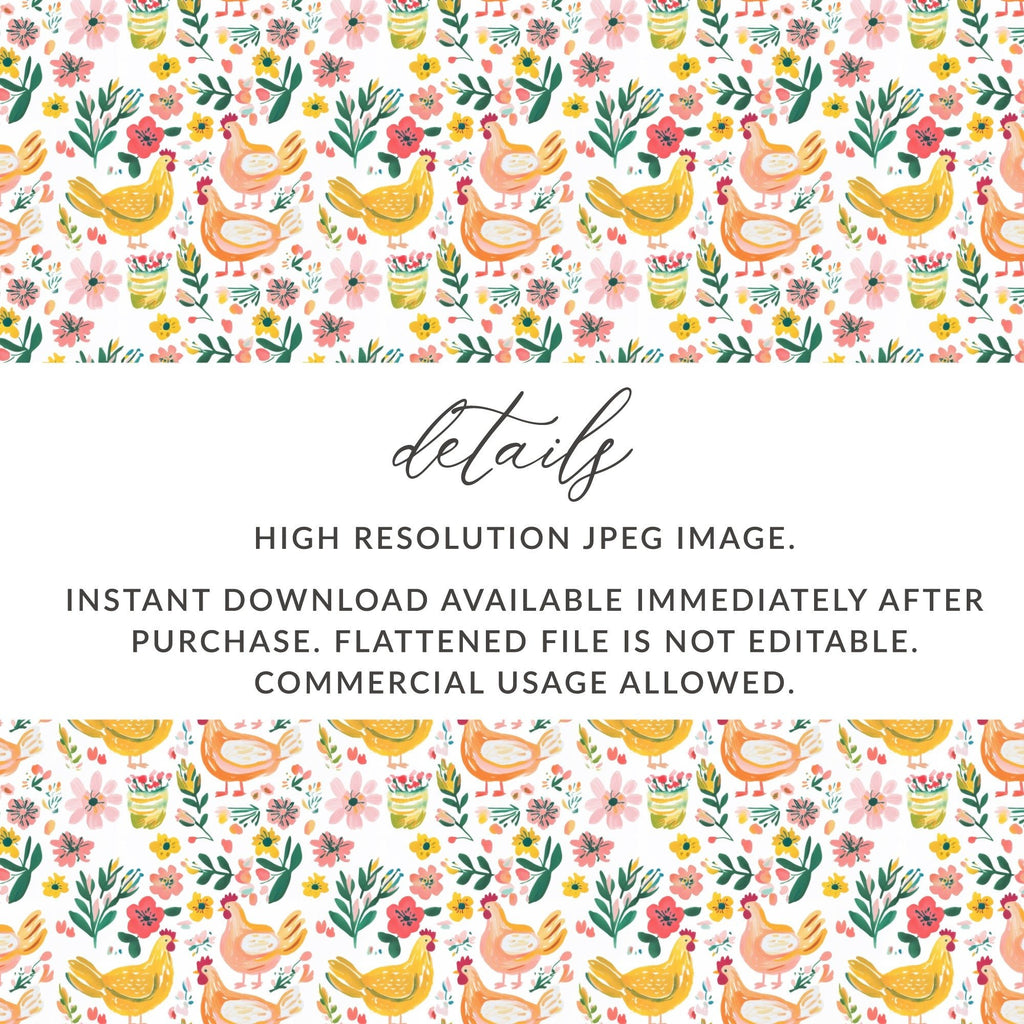 Floral Chicken Seamless Pattern Digital Paper, Farmhouse Print, Watercolor Chicken Fabric Design, Commercial Use License - Moore and Mountain
