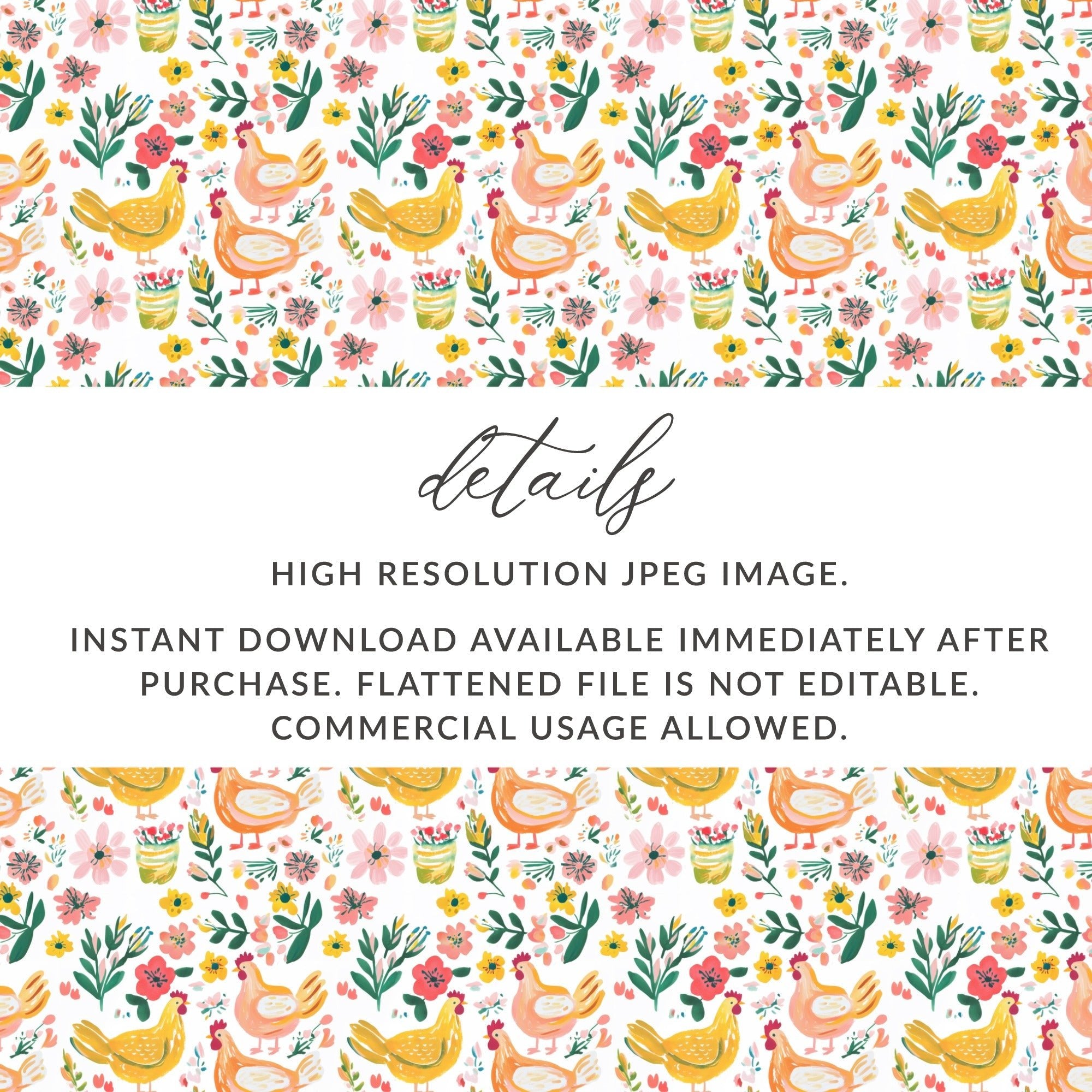Floral Chicken Seamless Pattern Digital Paper, Farmhouse Print, Watercolor Chicken Fabric Design, Commercial Use License - Moore and Mountain