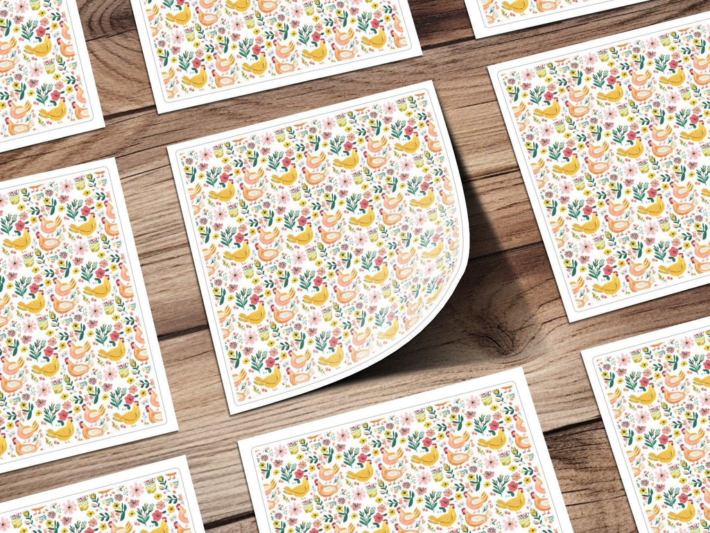 Floral Chicken Seamless Pattern Digital Paper, Farmhouse Print, Watercolor Chicken Fabric Design, Commercial Use License - Moore and Mountain