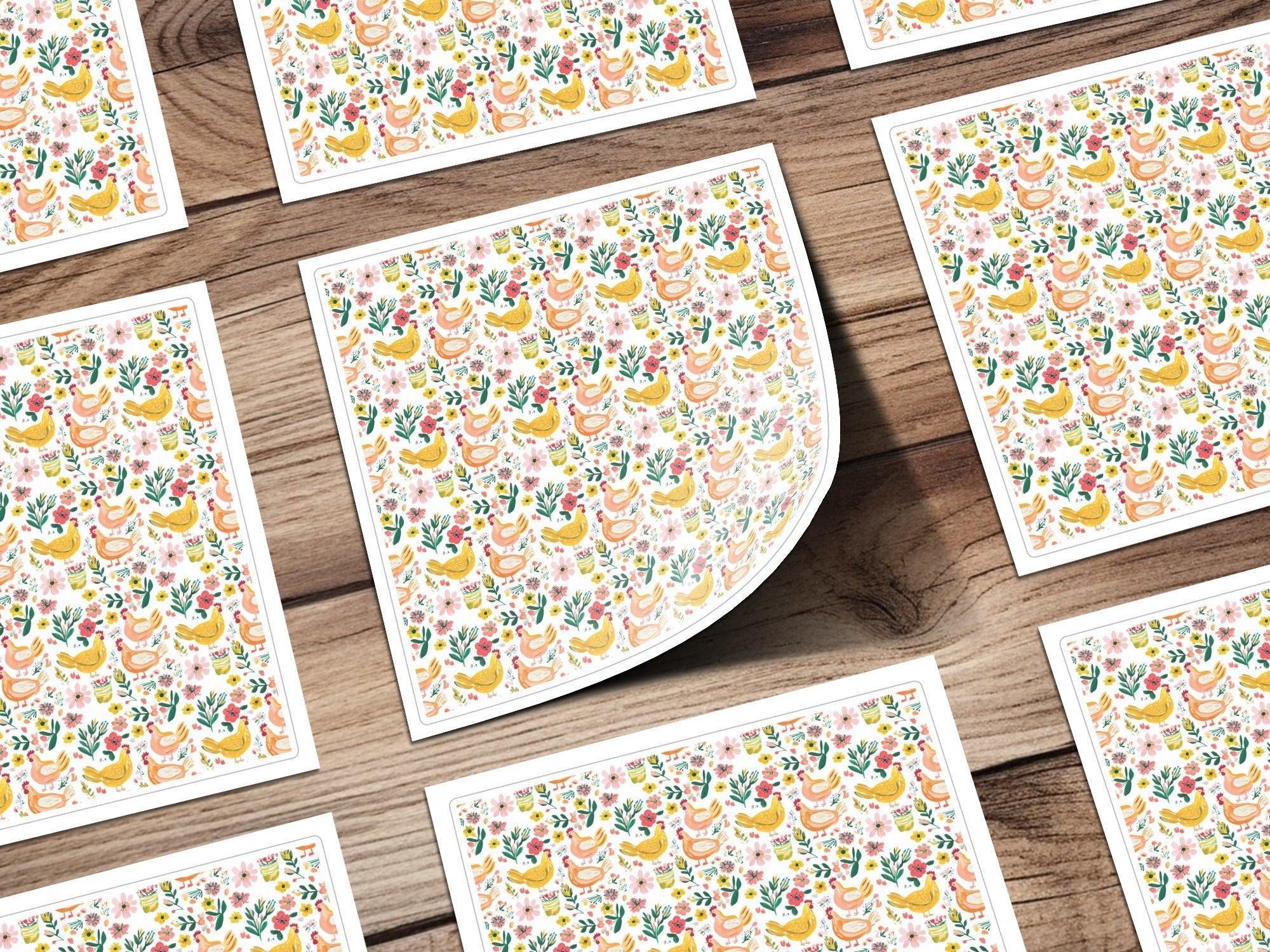 Floral Chicken Seamless Pattern Digital Paper, Farmhouse Print, Watercolor Chicken Fabric Design, Commercial Use License - Moore and Mountain