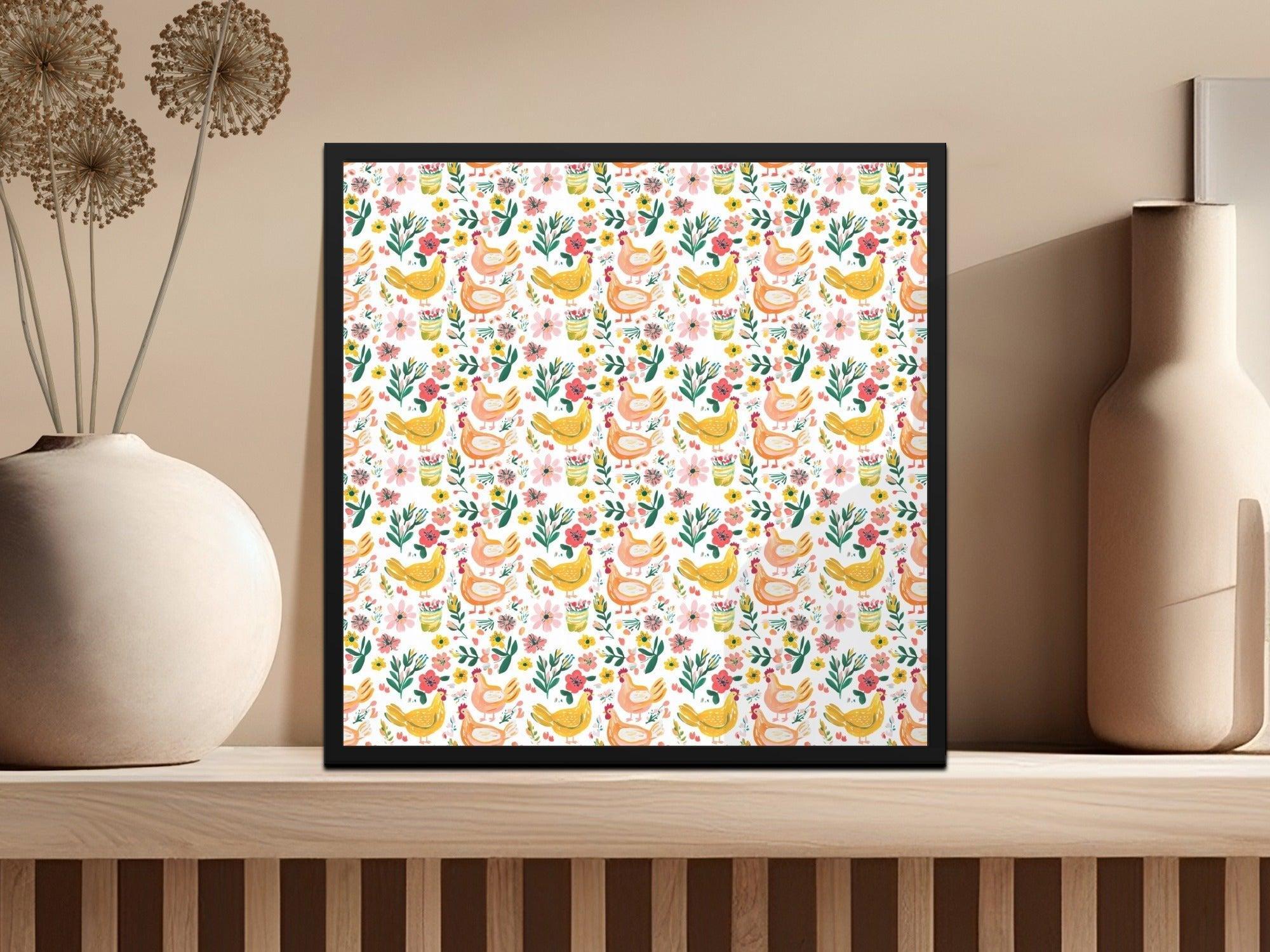 Floral Chicken Seamless Pattern Digital Paper, Farmhouse Print, Watercolor Chicken Fabric Design, Commercial Use License - Moore and Mountain