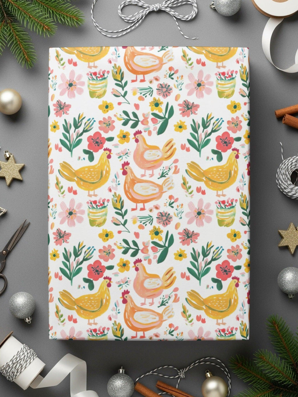 Floral Chicken Seamless Pattern Digital Paper, Farmhouse Print, Watercolor Chicken Fabric Design, Commercial Use License - Moore and Mountain