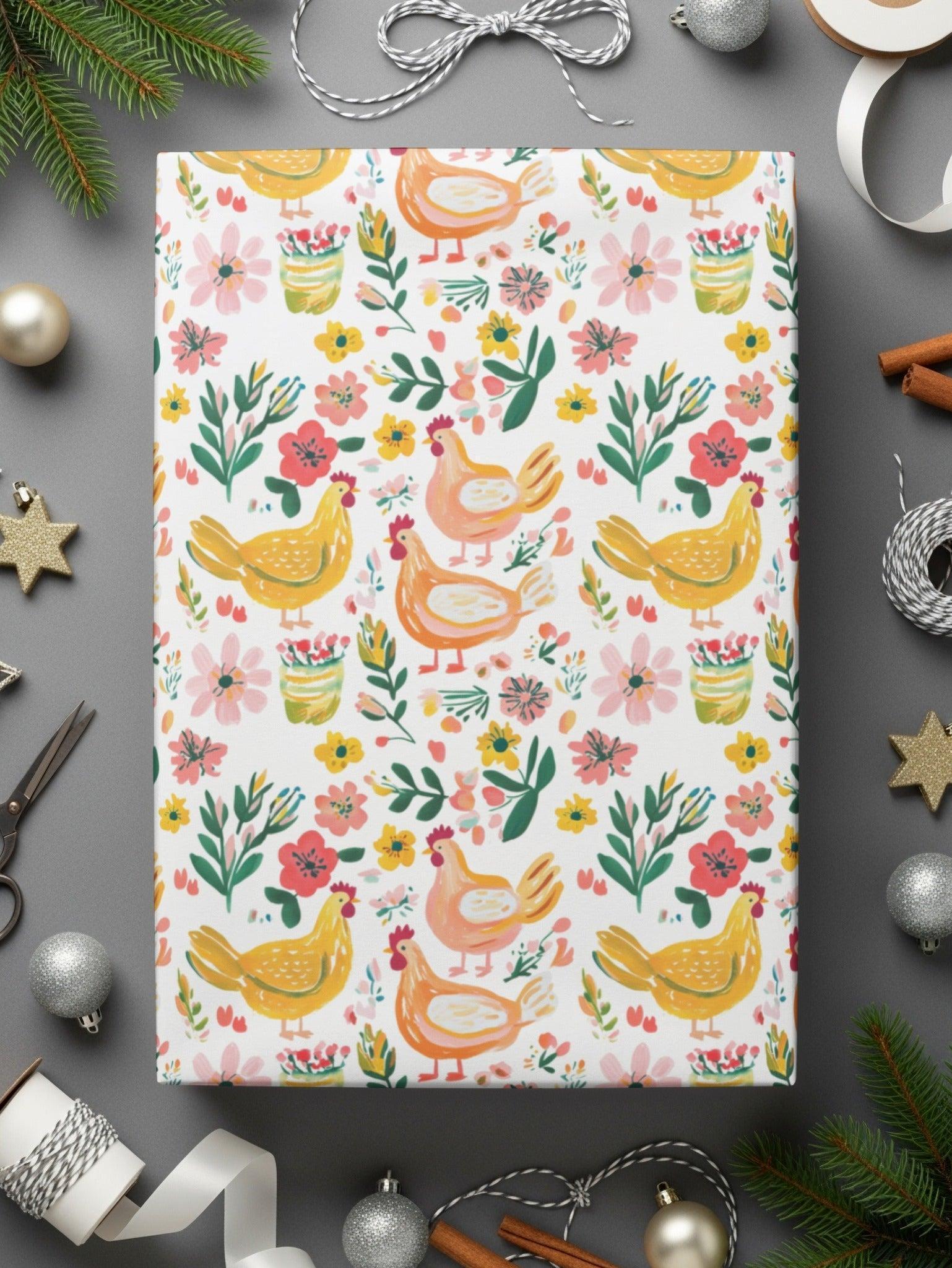 Floral Chicken Seamless Pattern Digital Paper, Farmhouse Print, Watercolor Chicken Fabric Design, Commercial Use License - Moore and Mountain