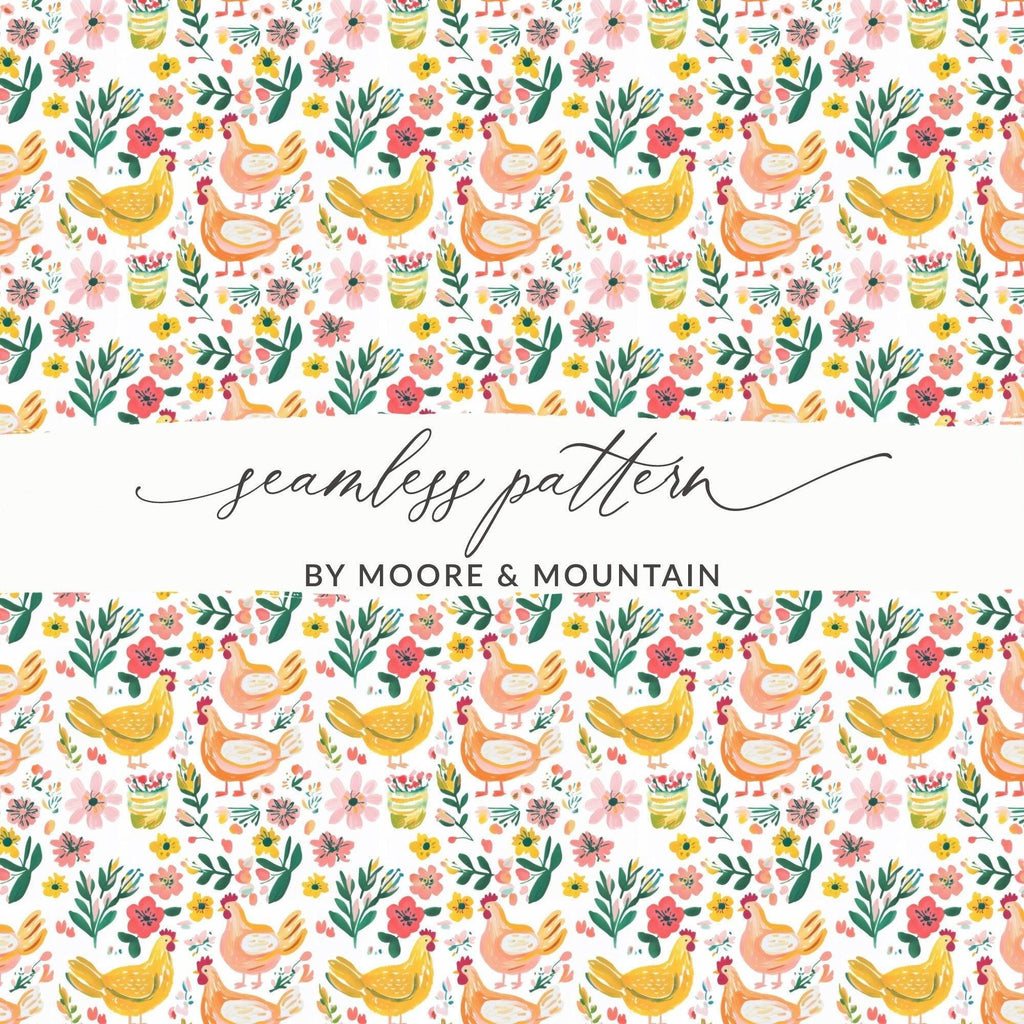 Floral Chicken Seamless Pattern Digital Paper, Farmhouse Print, Watercolor Chicken Fabric Design, Commercial Use License - Moore and Mountain