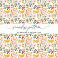 Floral Chicken Seamless Pattern Digital Paper, Farmhouse Print, Watercolor Chicken Fabric Design, Commercial Use License - Moore and Mountain