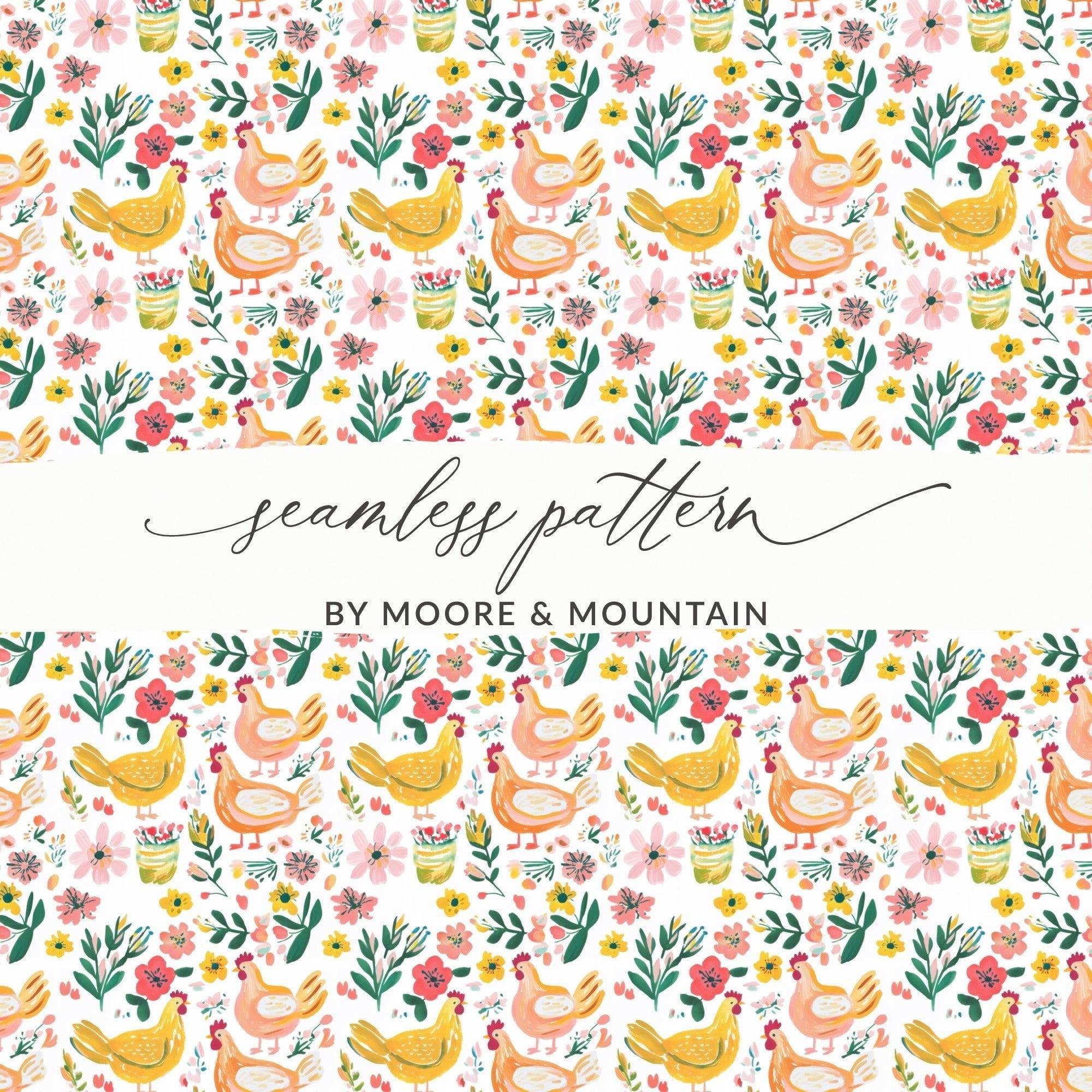 Floral Chicken Seamless Pattern Digital Paper, Farmhouse Print, Watercolor Chicken Fabric Design, Commercial Use License - Moore and Mountain