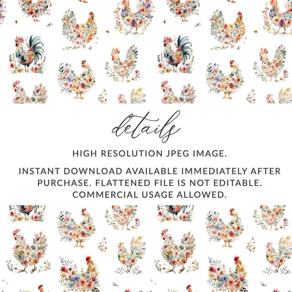 Floral Chicken Seamless Pattern Digital, Watercolor Rooster Design, Farm Animal Printable Paper, Repeating Tileable Background - Moore and Mountain