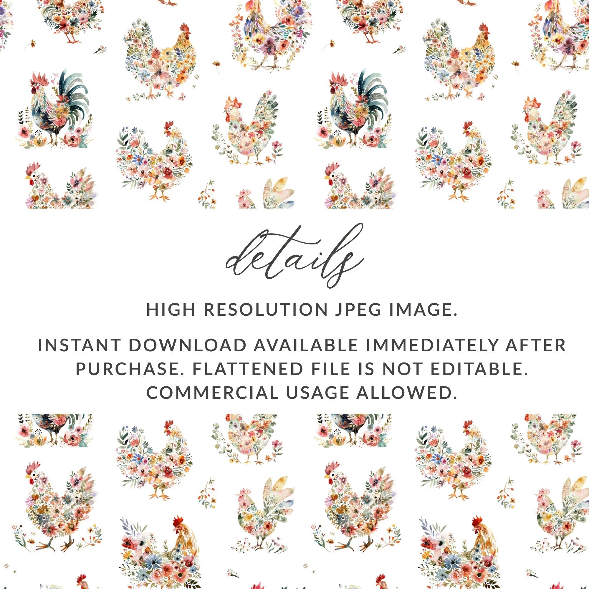 Floral Chicken Seamless Pattern Digital, Watercolor Rooster Design, Farm Animal Printable Paper, Repeating Tileable Background - Moore and Mountain