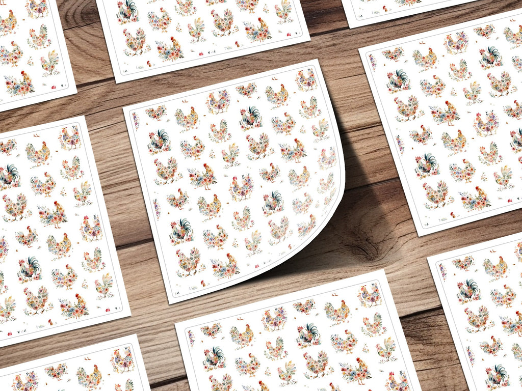 Floral Chicken Seamless Pattern Digital, Watercolor Rooster Design, Farm Animal Printable Paper, Repeating Tileable Background - Moore and Mountain