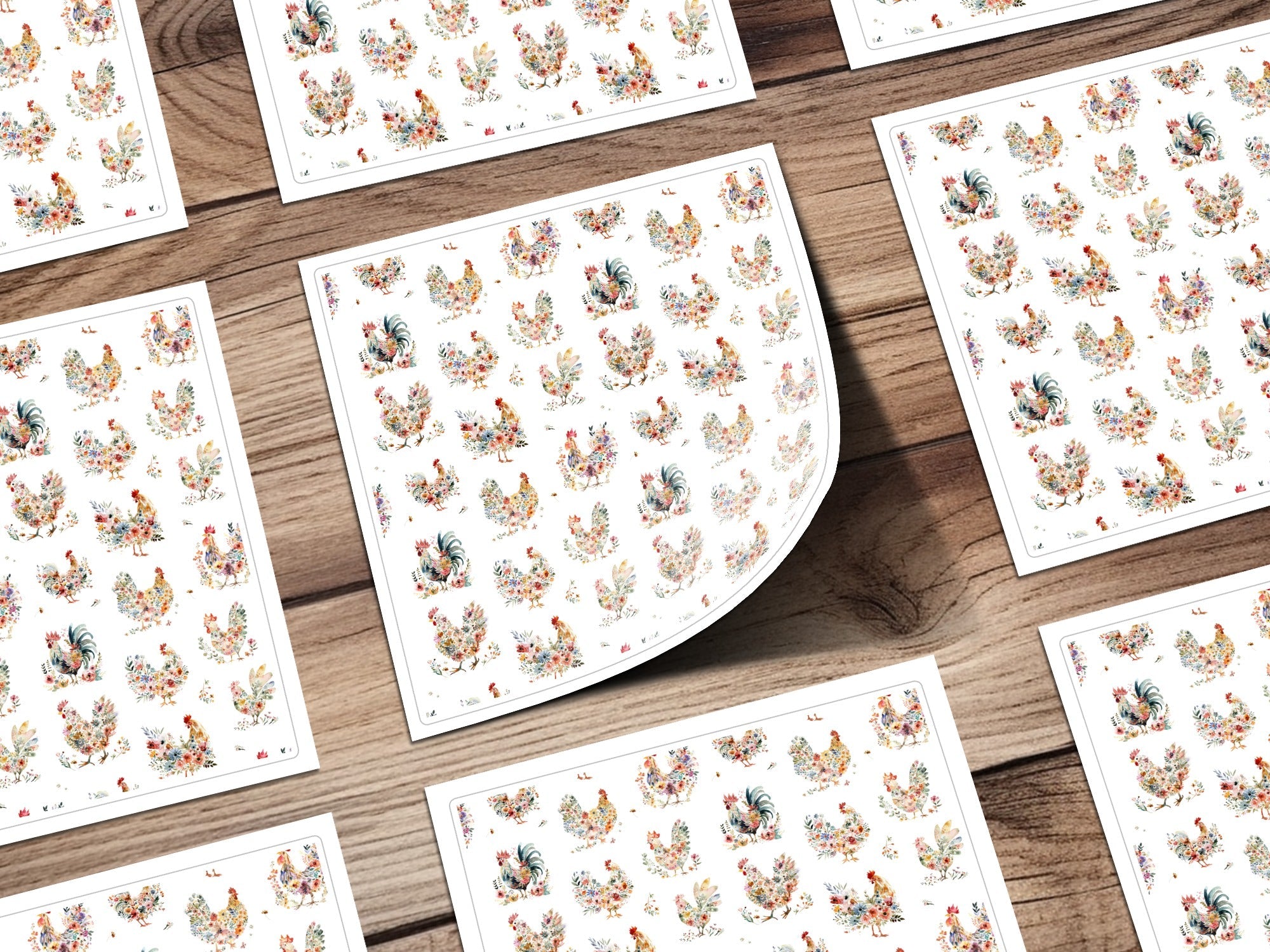 Floral Chicken Seamless Pattern Digital, Watercolor Rooster Design, Farm Animal Printable Paper, Repeating Tileable Background - Moore and Mountain