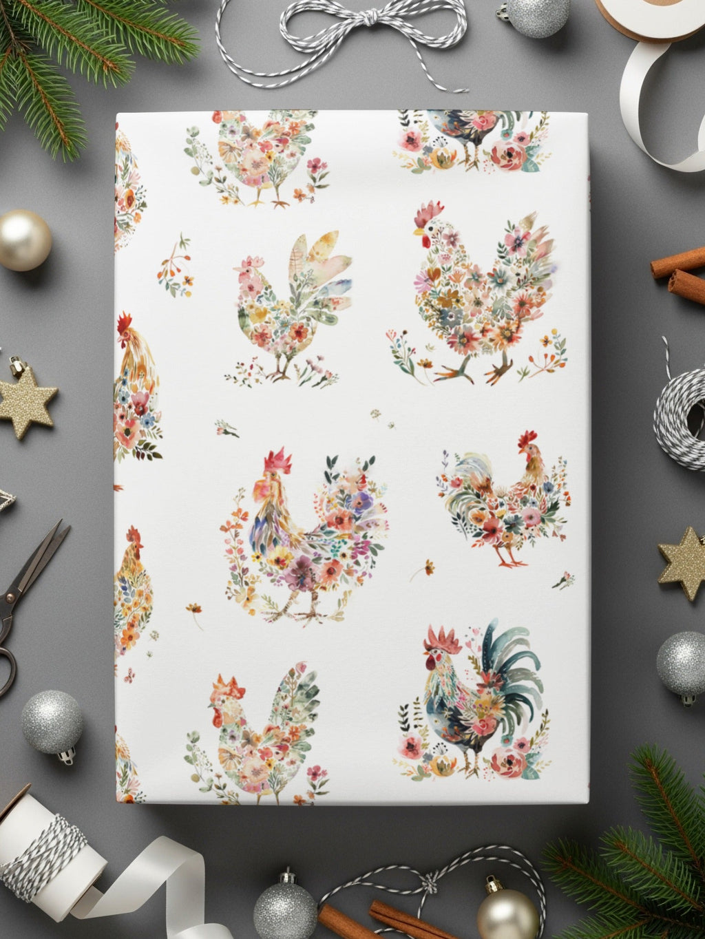 Floral Chicken Seamless Pattern Digital, Watercolor Rooster Design, Farm Animal Printable Paper, Repeating Tileable Background - Moore and Mountain