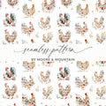 Floral Chicken Seamless Pattern Digital, Watercolor Rooster Design, Farm Animal Printable Paper, Repeating Tileable Background - Moore and Mountain