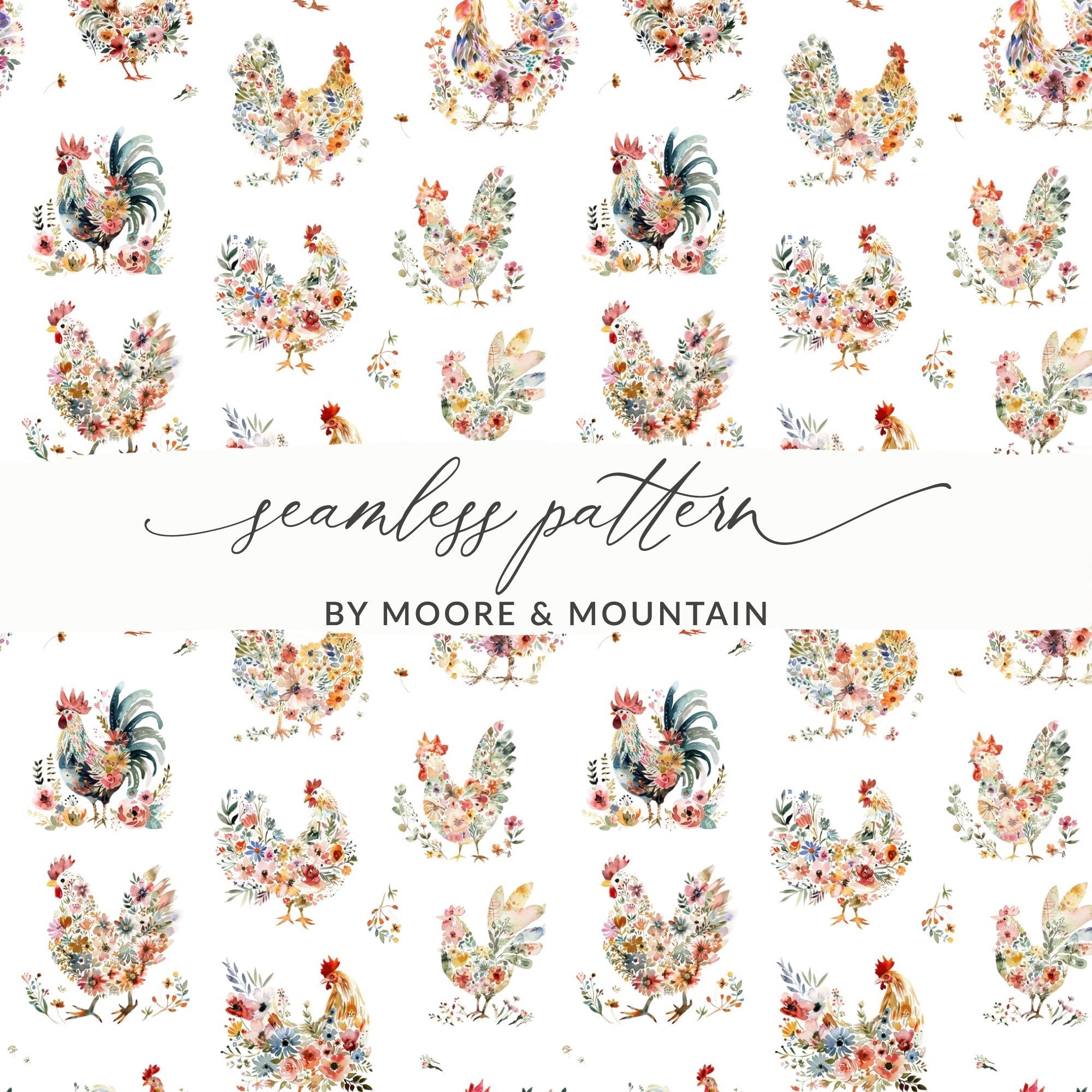 Floral Chicken Seamless Pattern Digital, Watercolor Rooster Design, Farm Animal Printable Paper, Repeating Tileable Background - Moore and Mountain