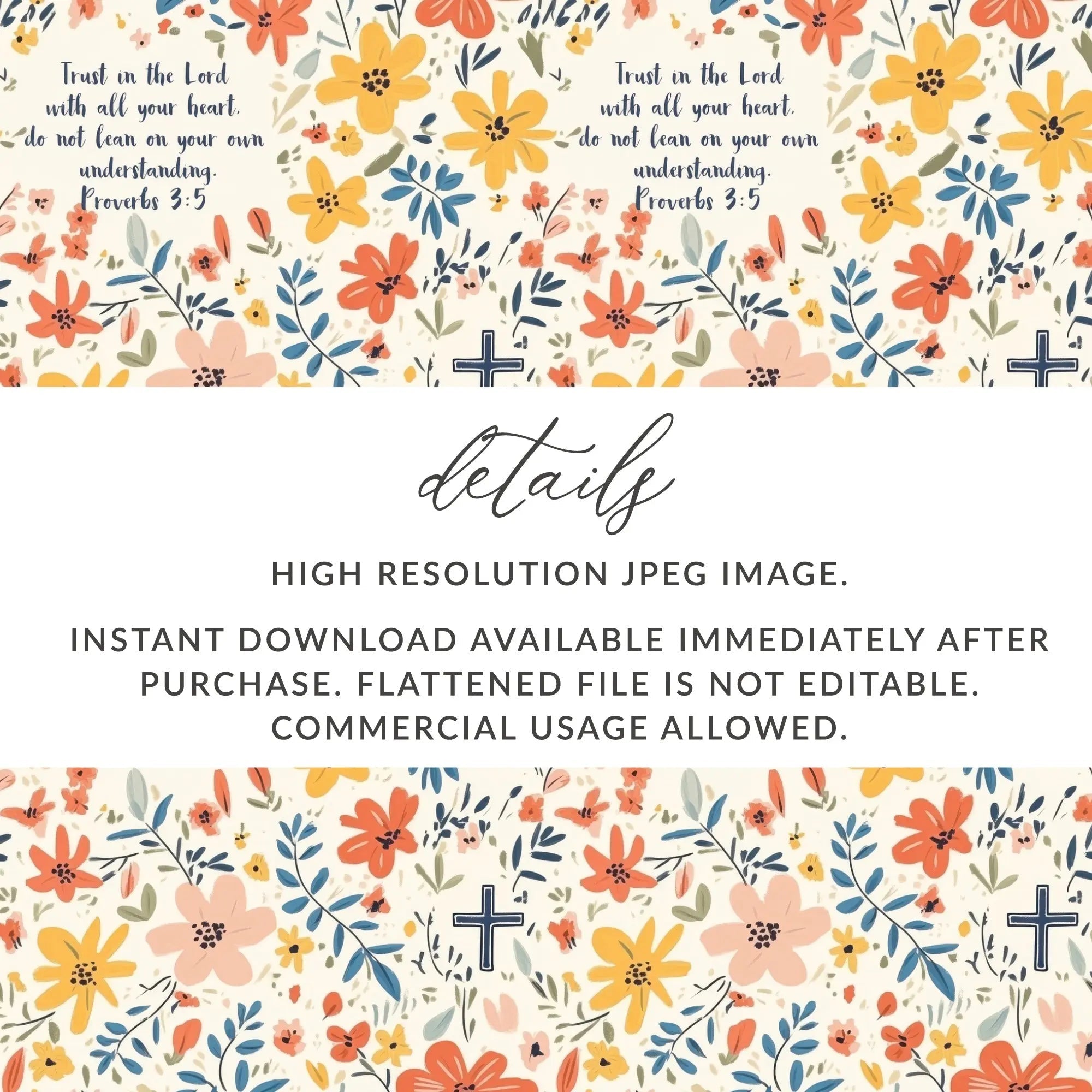 Floral Christian Seamless Pattern, Proverbs 3 5 Scripture, Faith Based Design, Digital Paper Pack, Commercial Use, Print On Demand OK - Moore and Mountain