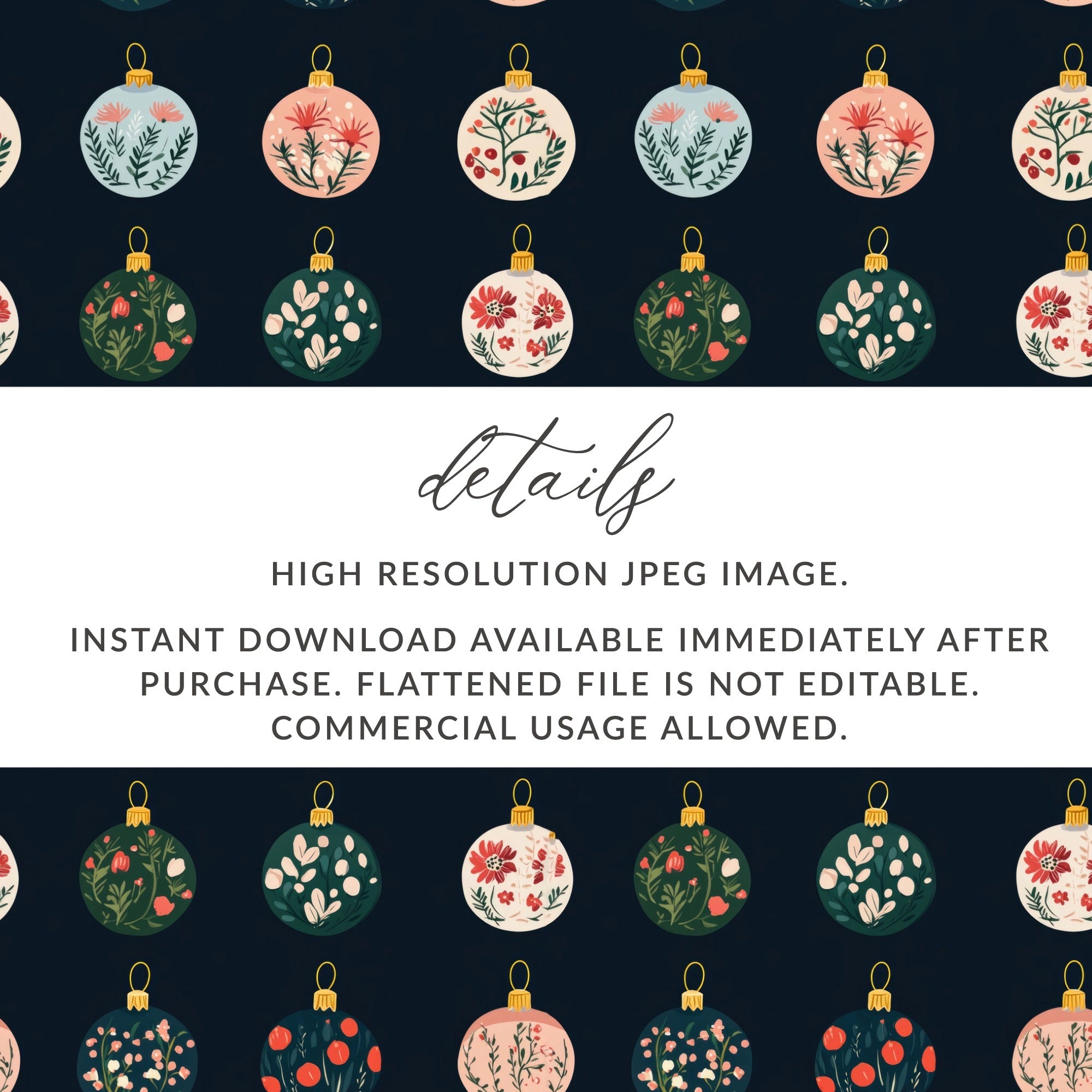 Floral Christmas Baubles Seamless Pattern, Holiday Ornament Design, Digital Paper, Scrapbooking, Commercial Use - Moore and Mountain
