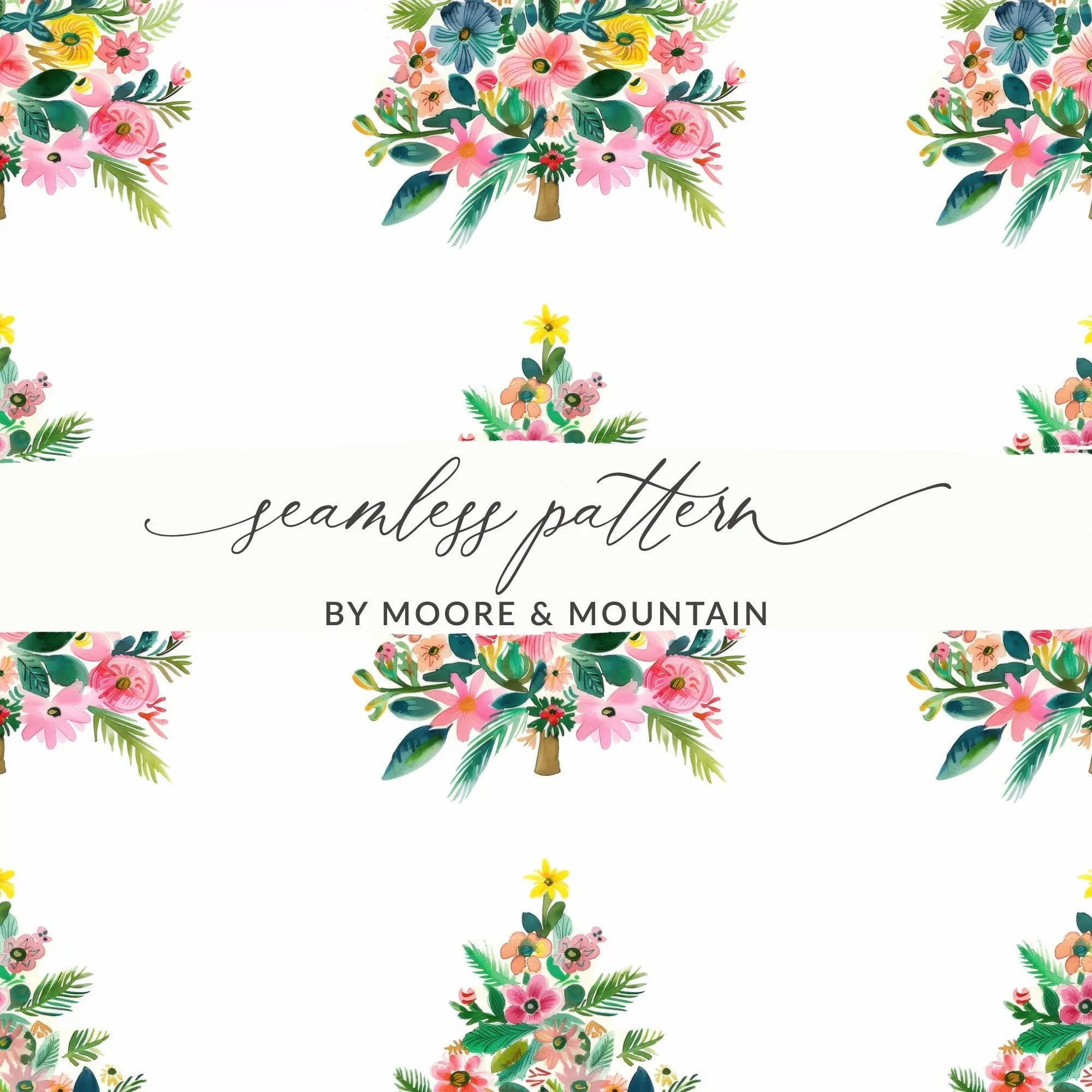 Floral Christmas Tree Digital Paper, Watercolor Seamless Pattern, Holiday Design, Festive Digital Download, Scrapbook Paper, Fabric Print - Moore and Mountain