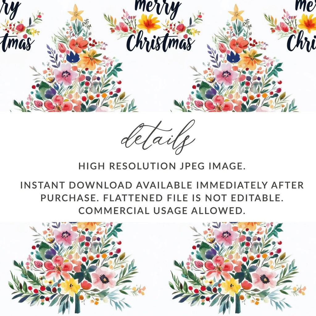 Floral Christmas Tree Seamless Pattern Digital, Watercolor Flowers Festive Background, Holiday Scrapbook Paper Digital Download - Moore and Mountain