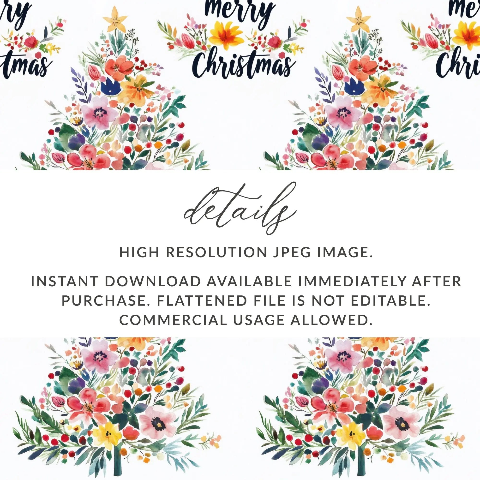Floral Christmas Tree Seamless Pattern Digital, Watercolor Flowers Festive Background, Holiday Scrapbook Paper Digital Download - Moore and Mountain