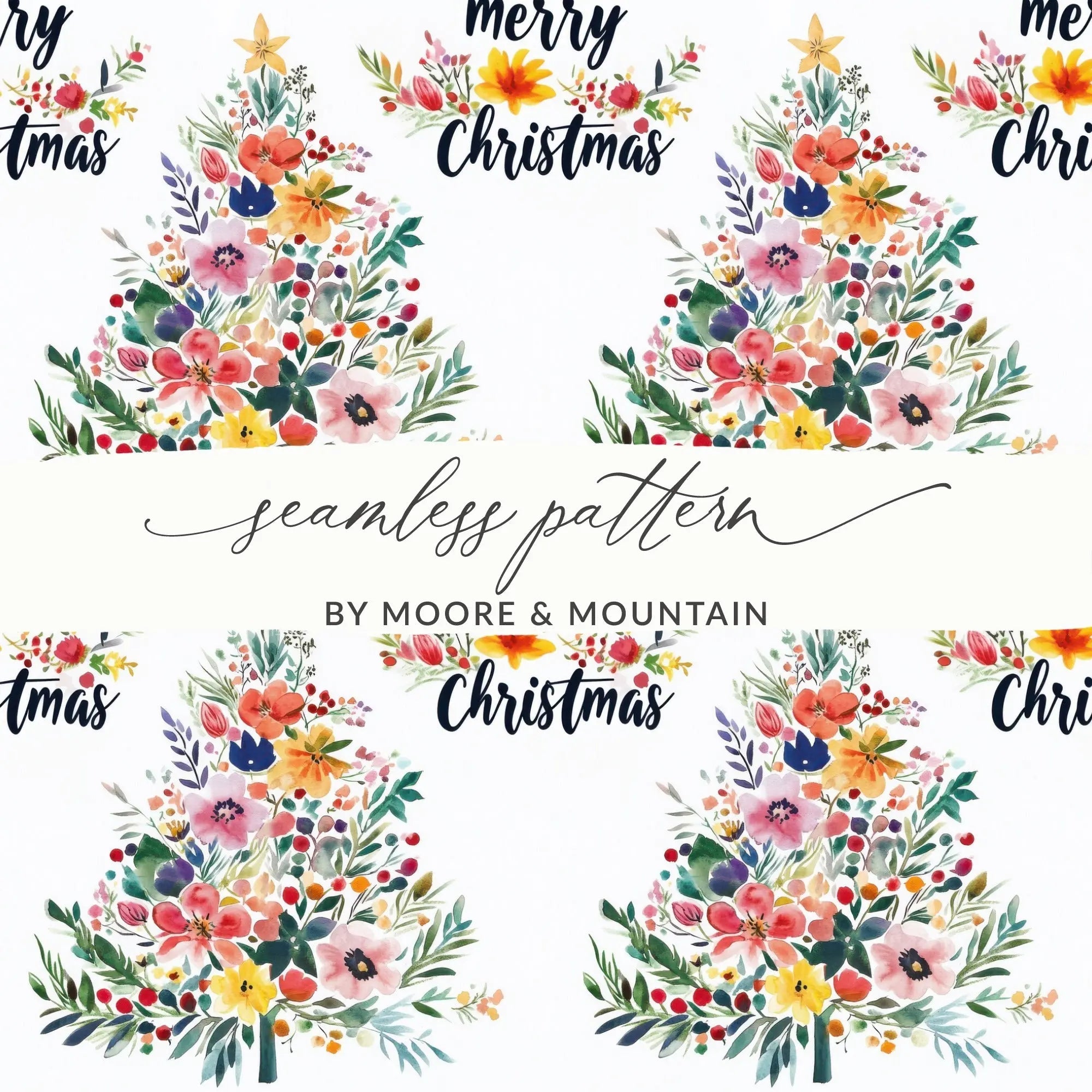 Floral Christmas Tree Seamless Pattern Digital, Watercolor Flowers Festive Background, Holiday Scrapbook Paper Digital Download - Moore and Mountain