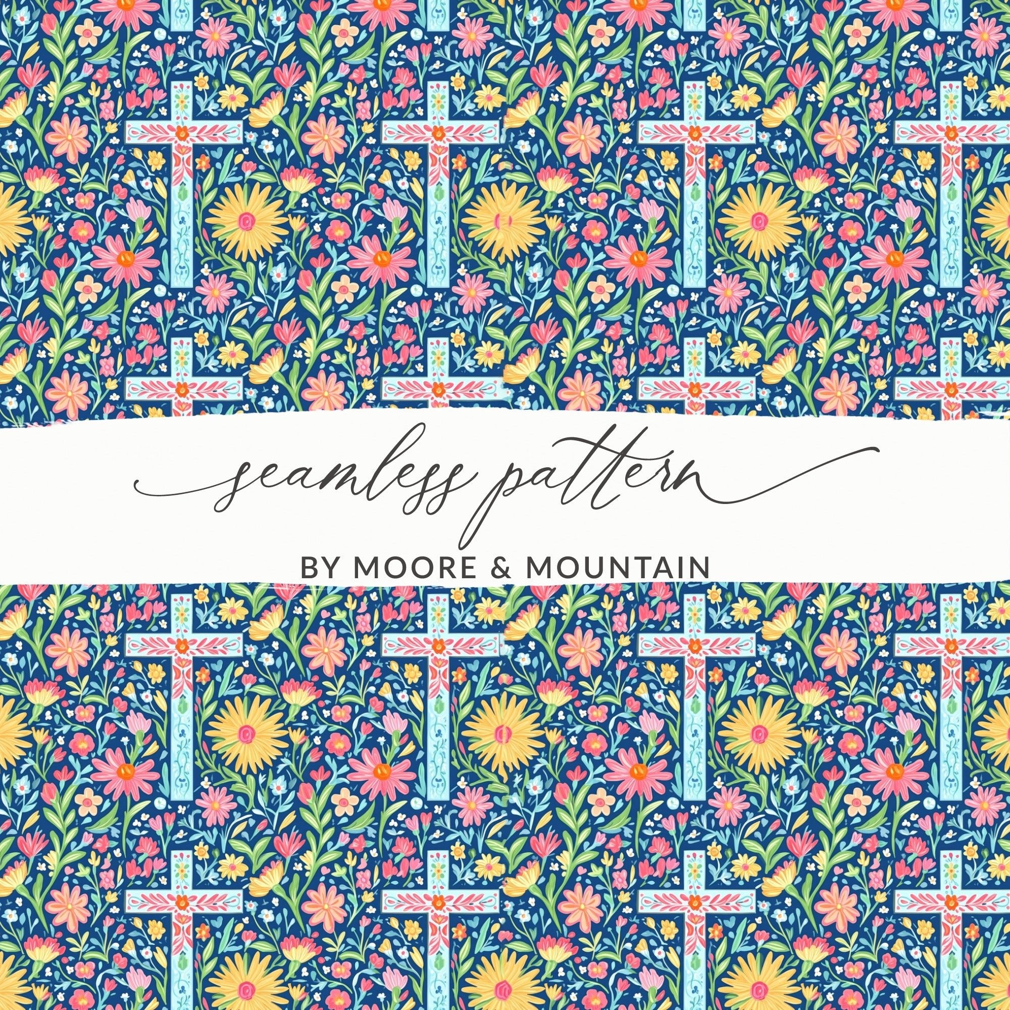 Floral Cross Digital Paper, Seamless Pattern Bundle, Spring Flowers Print, Easter Fabric Design, Religious Backgrounds, Scrapbook Paper - Moore and Mountain