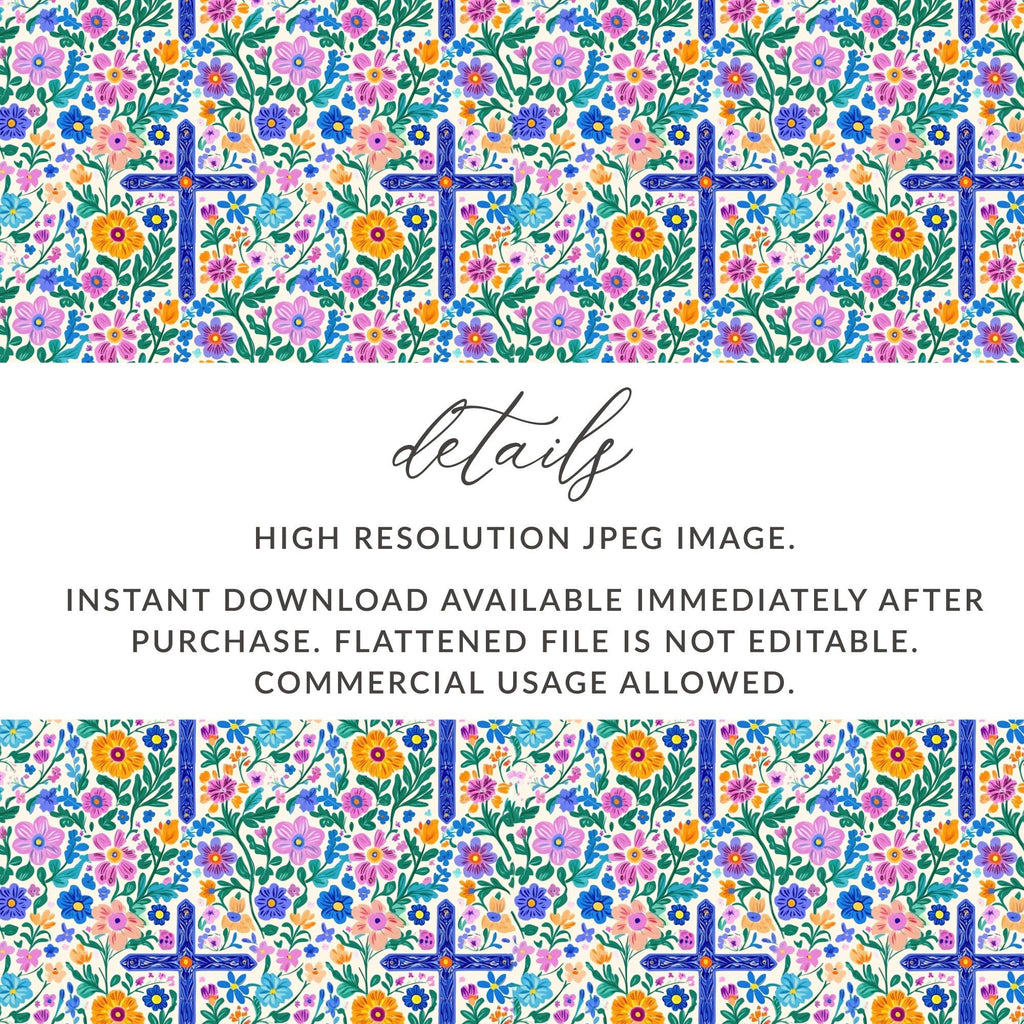 Floral Cross Seamless Pattern, Digital Paper, Christian Design, Religious Background, Colorful Flowers, Download Includes 2 Scales - Moore and Mountain