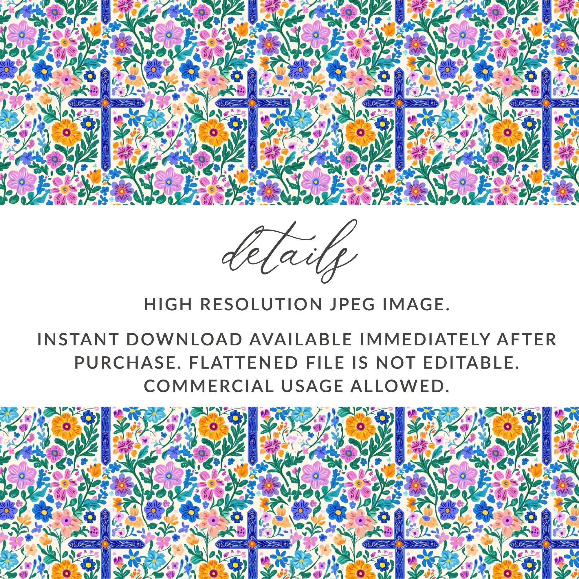 Floral Cross Seamless Pattern, Digital Paper, Christian Design, Religious Background, Colorful Flowers, Download Includes 2 Scales - Moore and Mountain