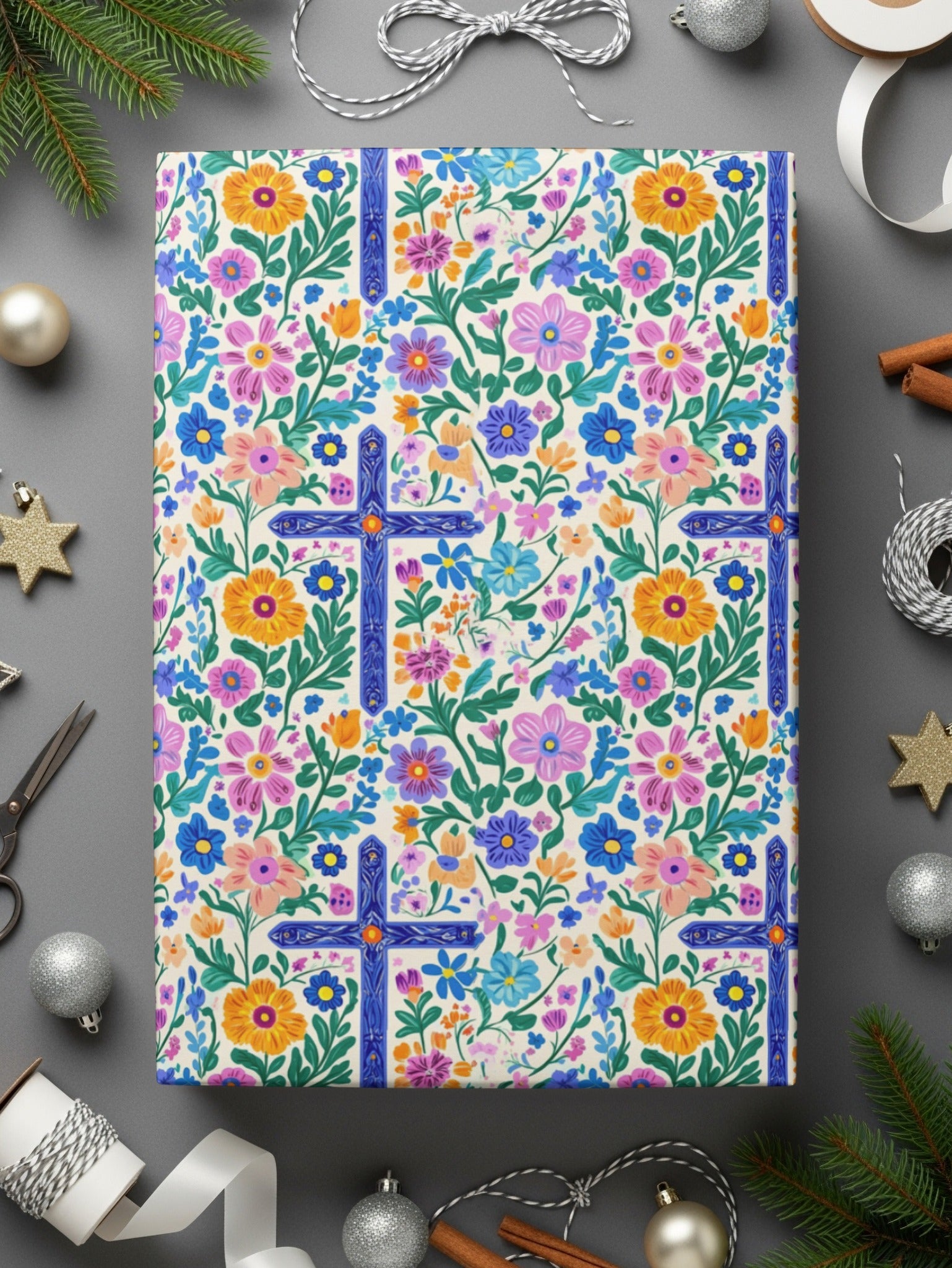 Floral Cross Seamless Pattern, Digital Paper, Christian Design, Religious Background, Colorful Flowers, Download Includes 2 Scales - Moore and Mountain
