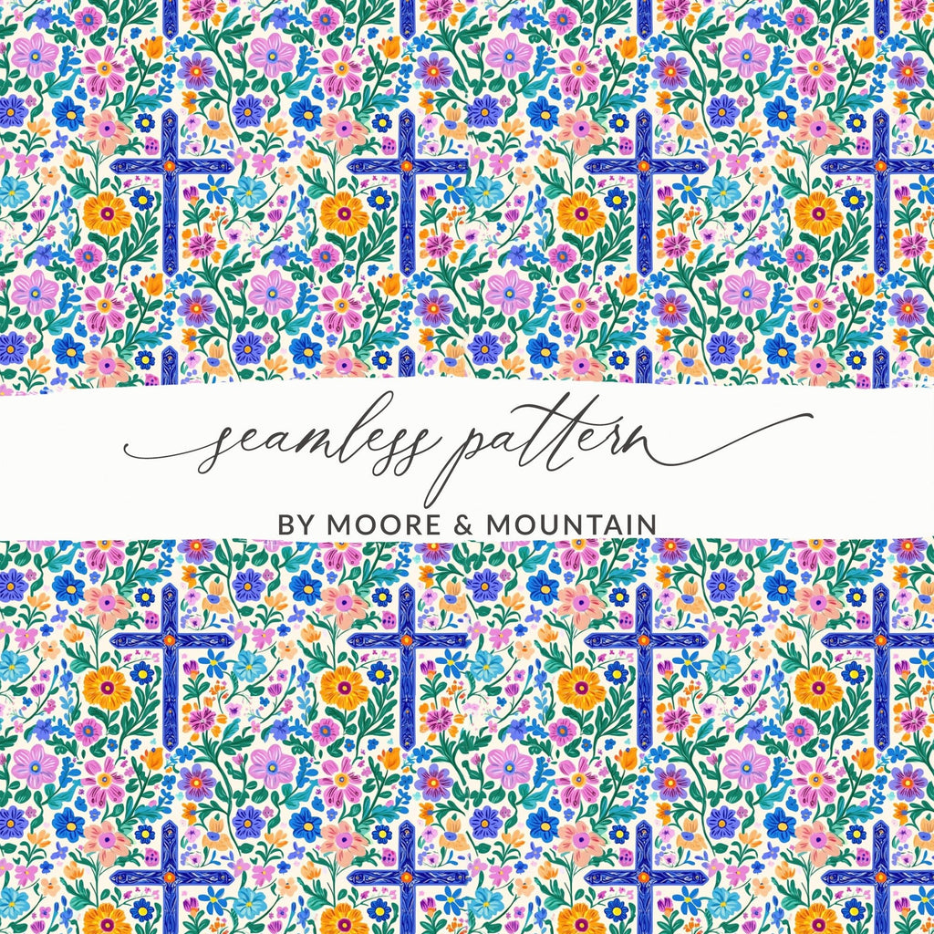 Floral Cross Seamless Pattern, Digital Paper, Christian Design, Religious Background, Colorful Flowers, Download Includes 2 Scales - Moore and Mountain