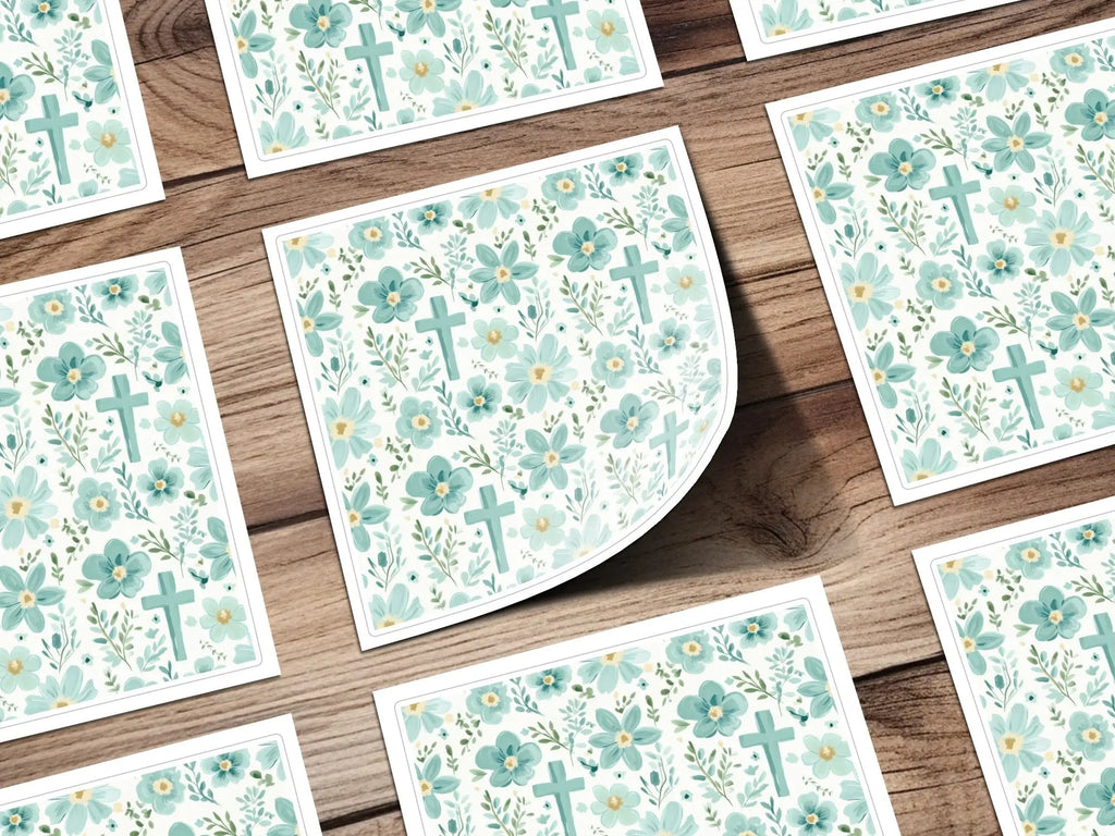 Floral Cross Seamless Pattern Digital Paper, Teal Flower Background, Religious Design, Printable Scrapbook Paper, Christian Easter Digital - Moore and Mountain