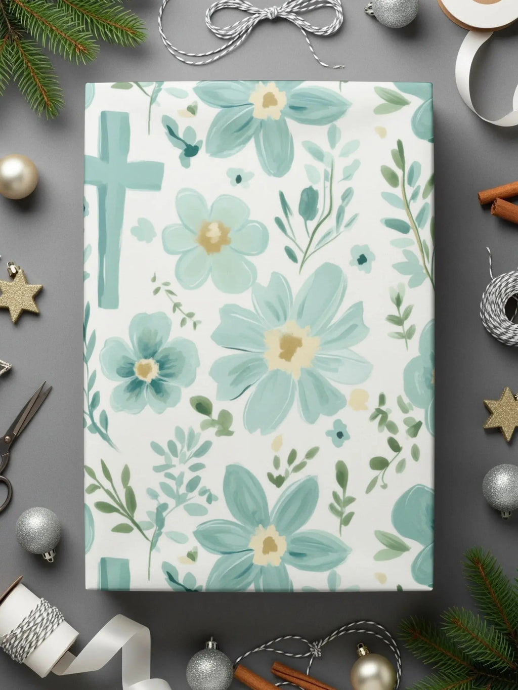 Floral Cross Seamless Pattern Digital Paper, Teal Flower Background, Religious Design, Printable Scrapbook Paper, Christian Easter Digital - Moore and Mountain