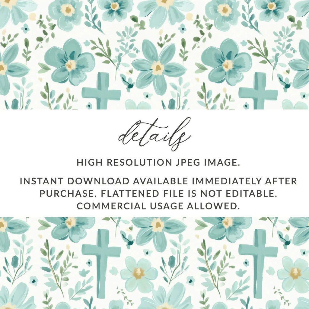 Floral Cross Seamless Pattern Digital Paper, Teal Flower Background, Religious Design, Printable Scrapbook Paper, Christian Easter Digital - Moore and Mountain