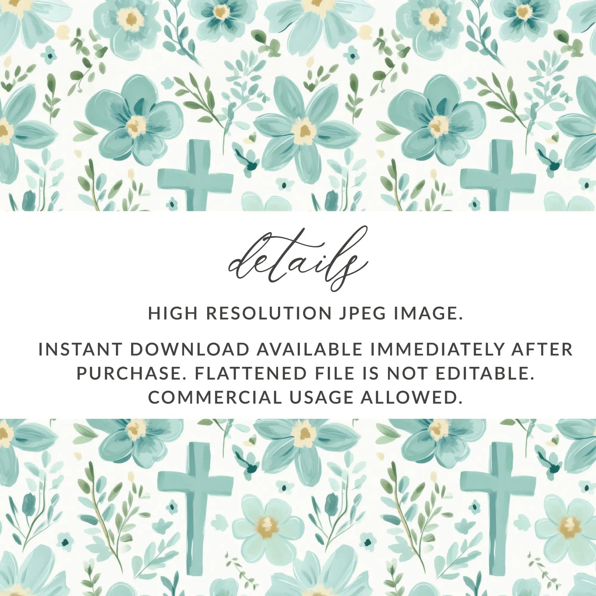 Floral Cross Seamless Pattern Digital Paper, Teal Flower Background, Religious Design, Printable Scrapbook Paper, Christian Easter Digital - Moore and Mountain