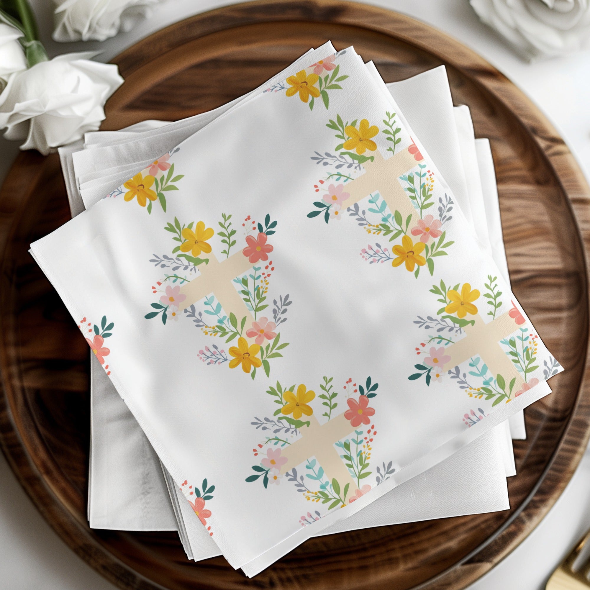 Floral Cross Seamless Pattern, Spring Easter Digital Paper, Religious Fabric Design, Pastel Flowers, Christian Background, JPEG Download displayed on white cloth.